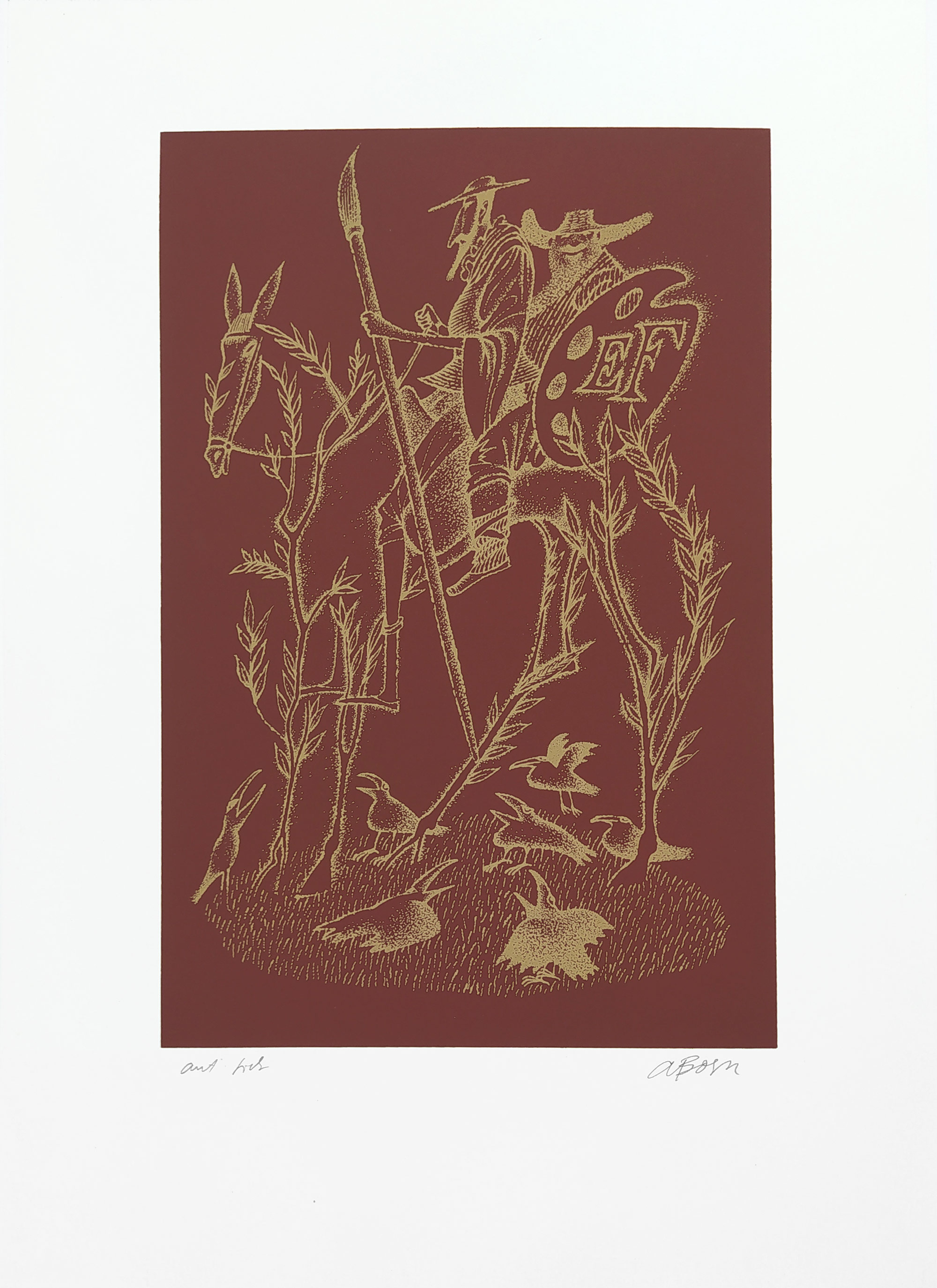 Born Adolf – Don Quijote de la Mancha, Věnovací list E. F. (Emil Filla), barevná serigrafie, autorský tisk