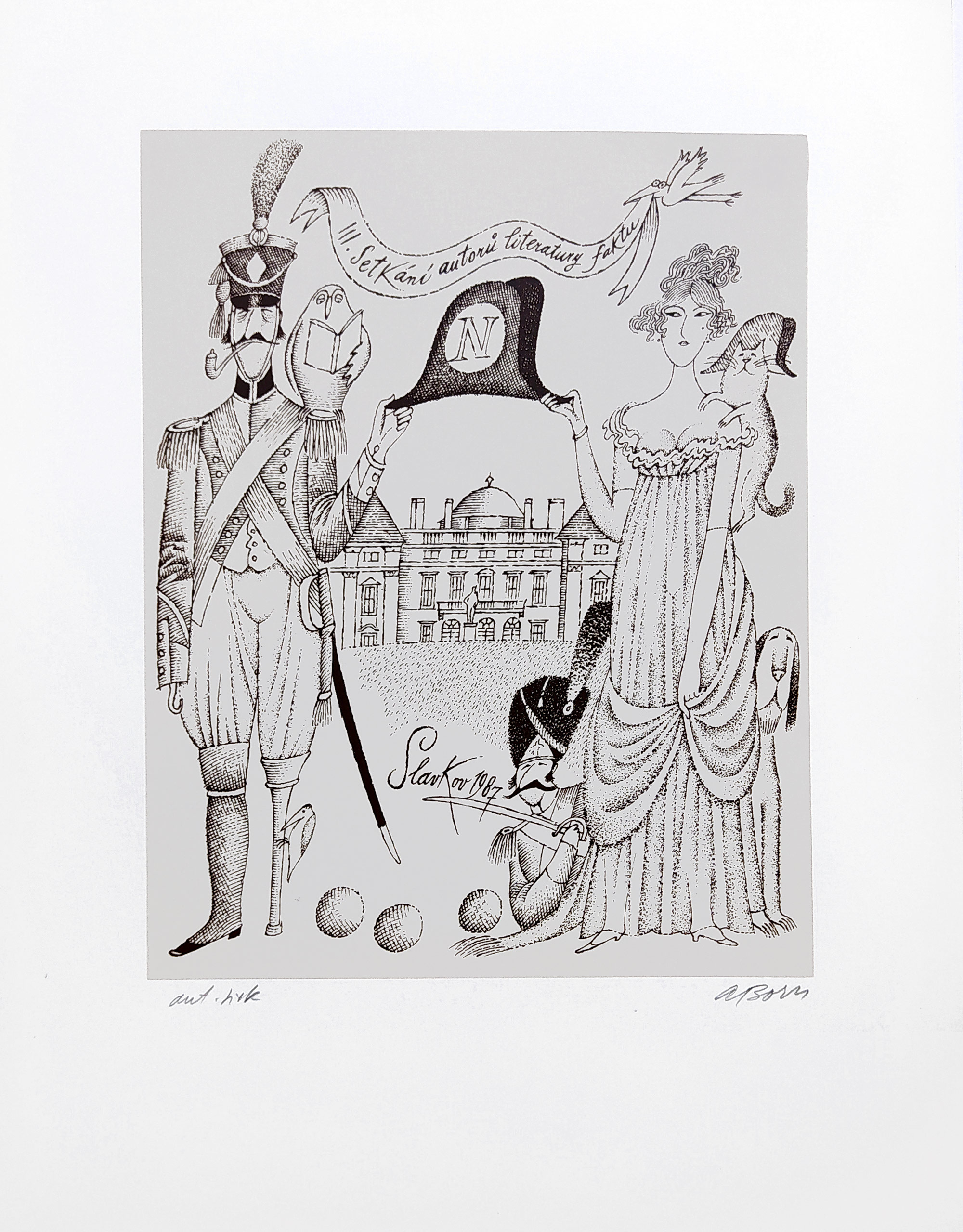 Born Adolf – Slavkov 1987, III. Setkání autorů literatury faktu, signovaná barevná serigrafie, autorský tisk, 1987