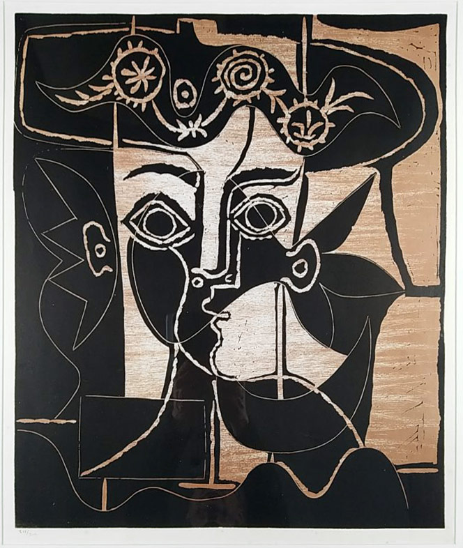 Picasso Pablo – Grande tête de femme au chapeau orné, dvoubarevný linoryt na papíře Arches, 1963