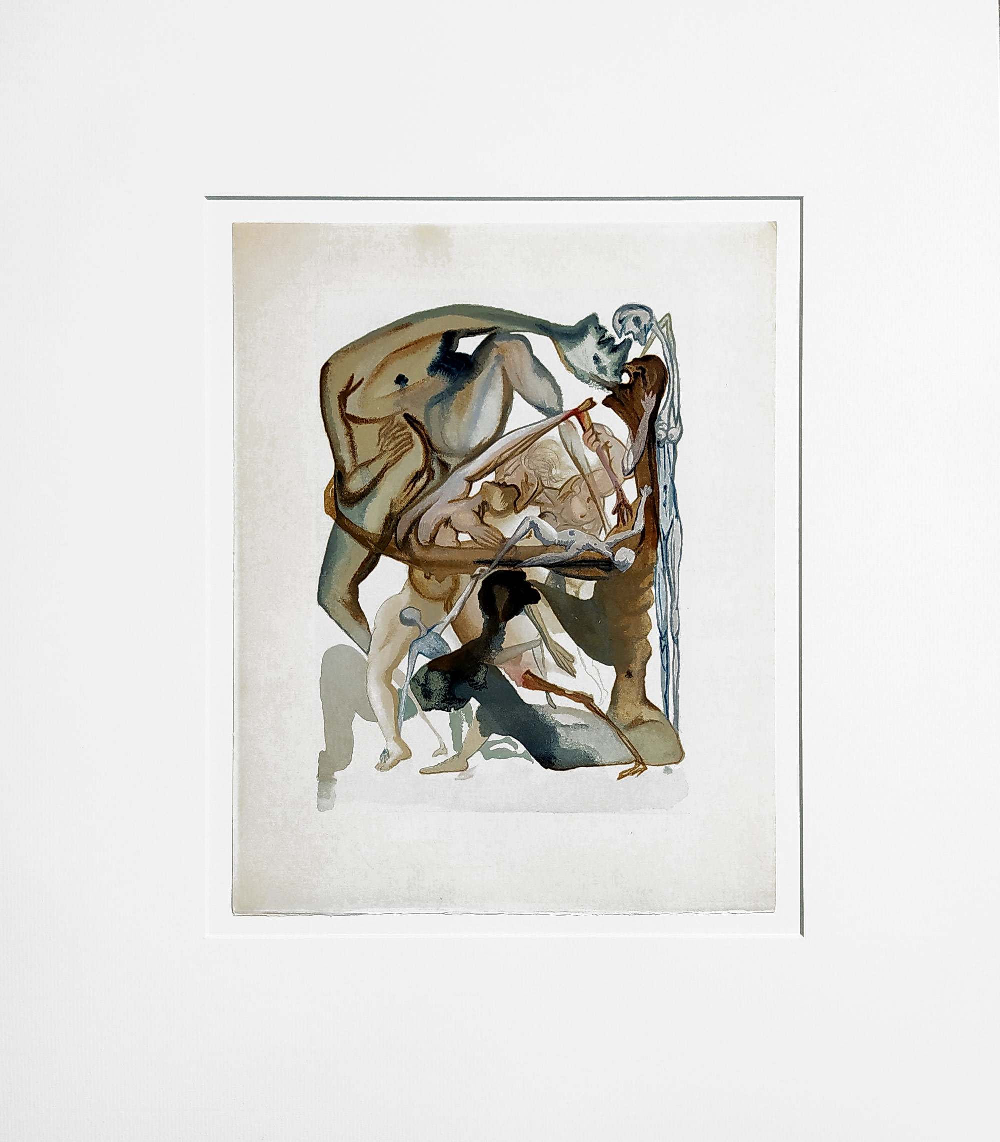 Dalí Salvador – La Divine Comedie, Le Purgatoire, Chant 11, „Au Bord du 7 Bolge“, barevný dřevoryt, 1959–1963
