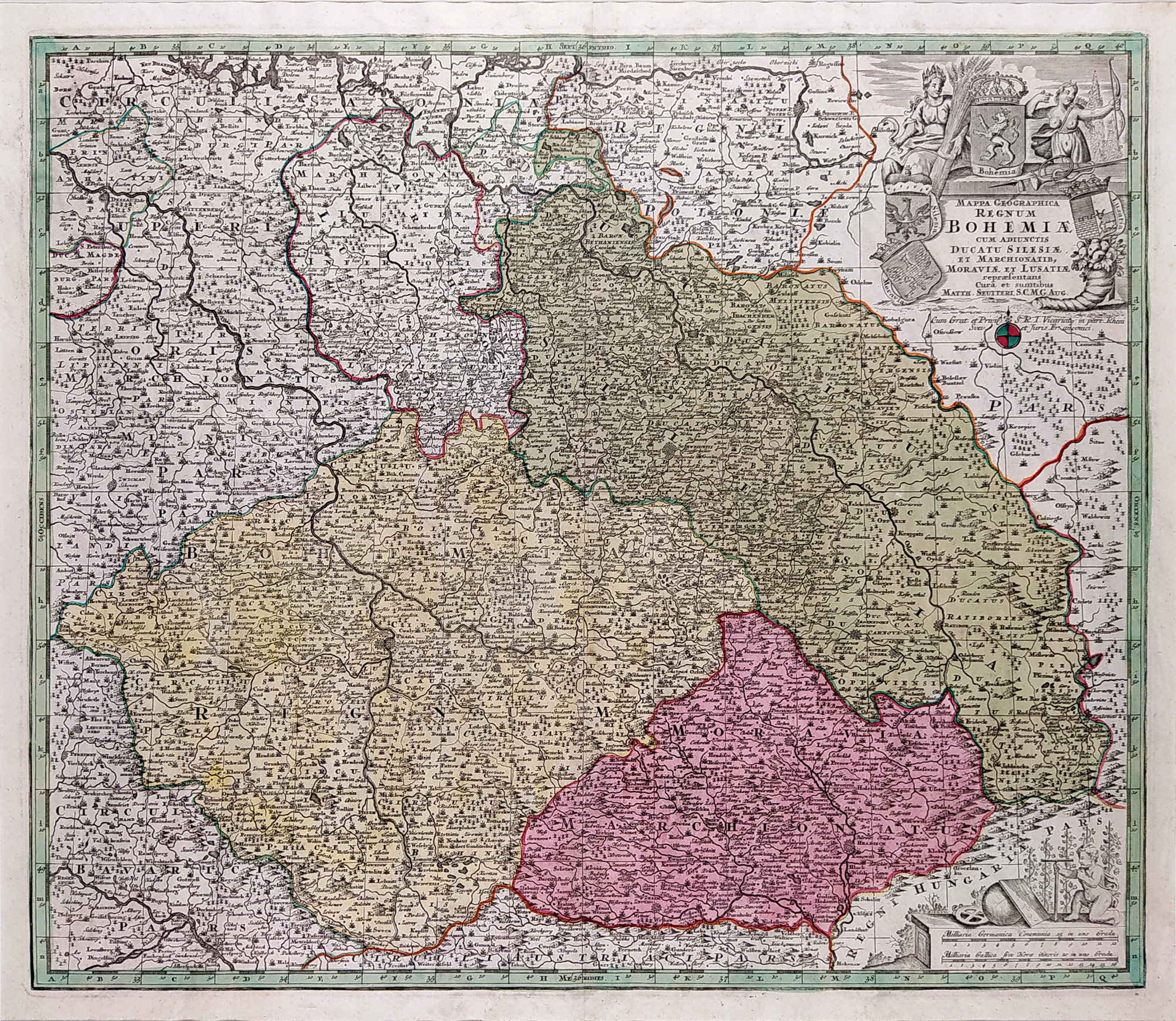 Čechy, Morava, Slezsko a Lužice – Matthäus Seutter, staře kolorovaný původní mědiryt, ca 1740