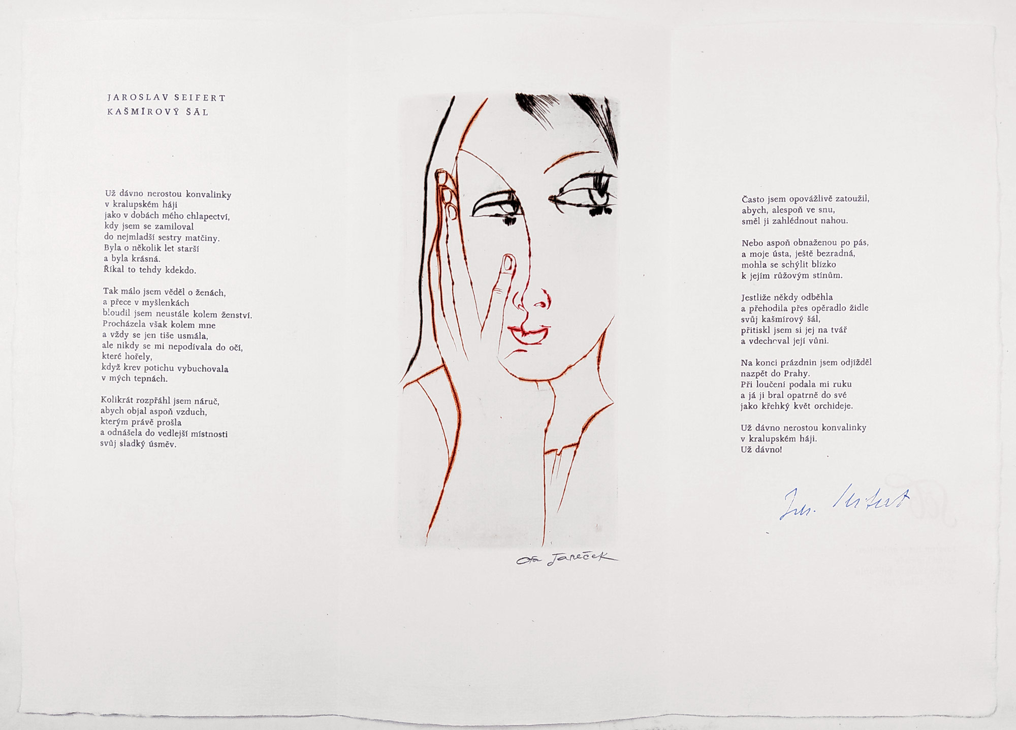 Janeček Ota – Kašmírový šál, ilustrace k básni Jaroslava Seiferta, barevná suchá jehla, 1985