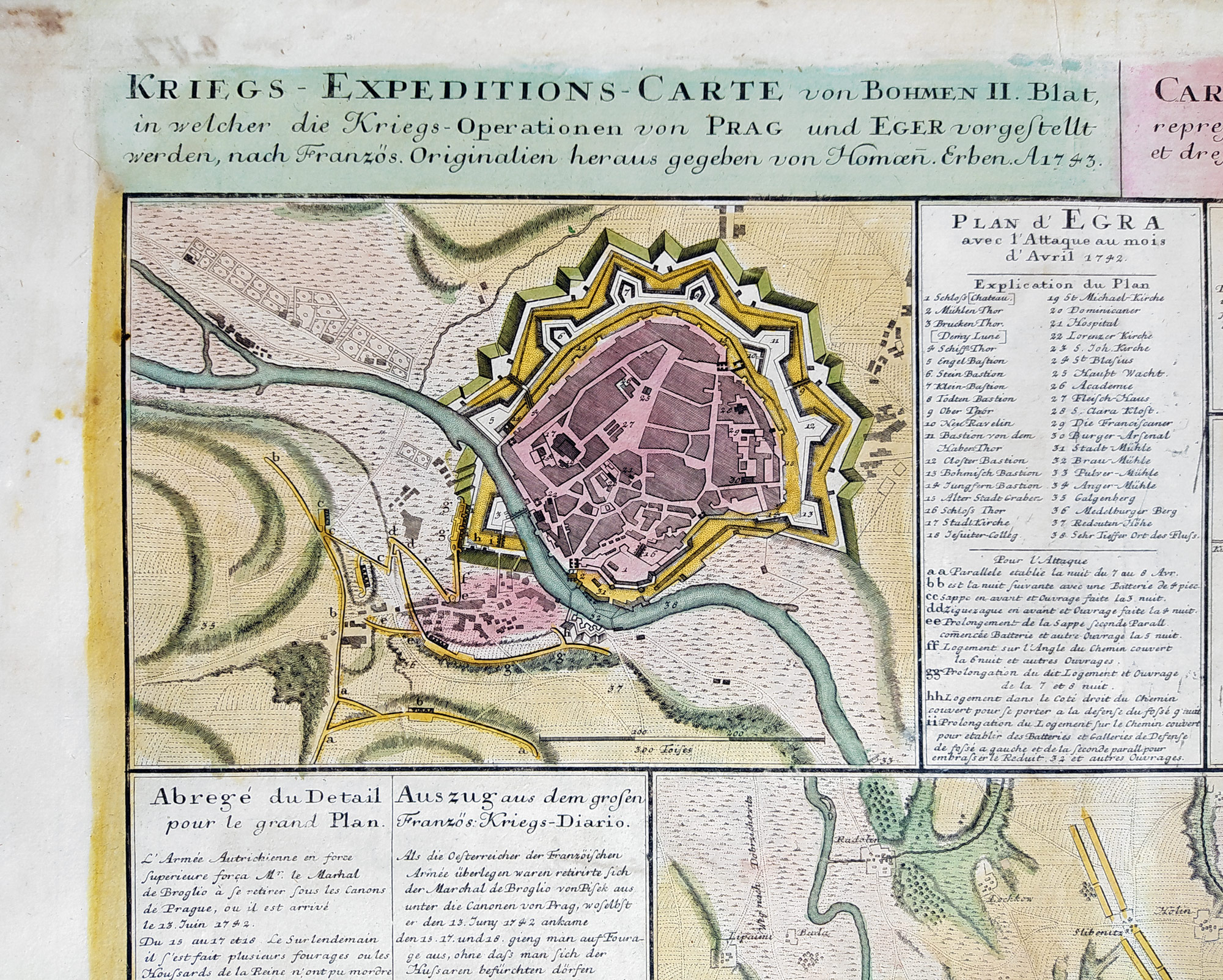 Praha, Cheb – Mapa tažení francouzských vojsk z Prahy do Chebu, Homannovi dědicové, mědiryt, 1743