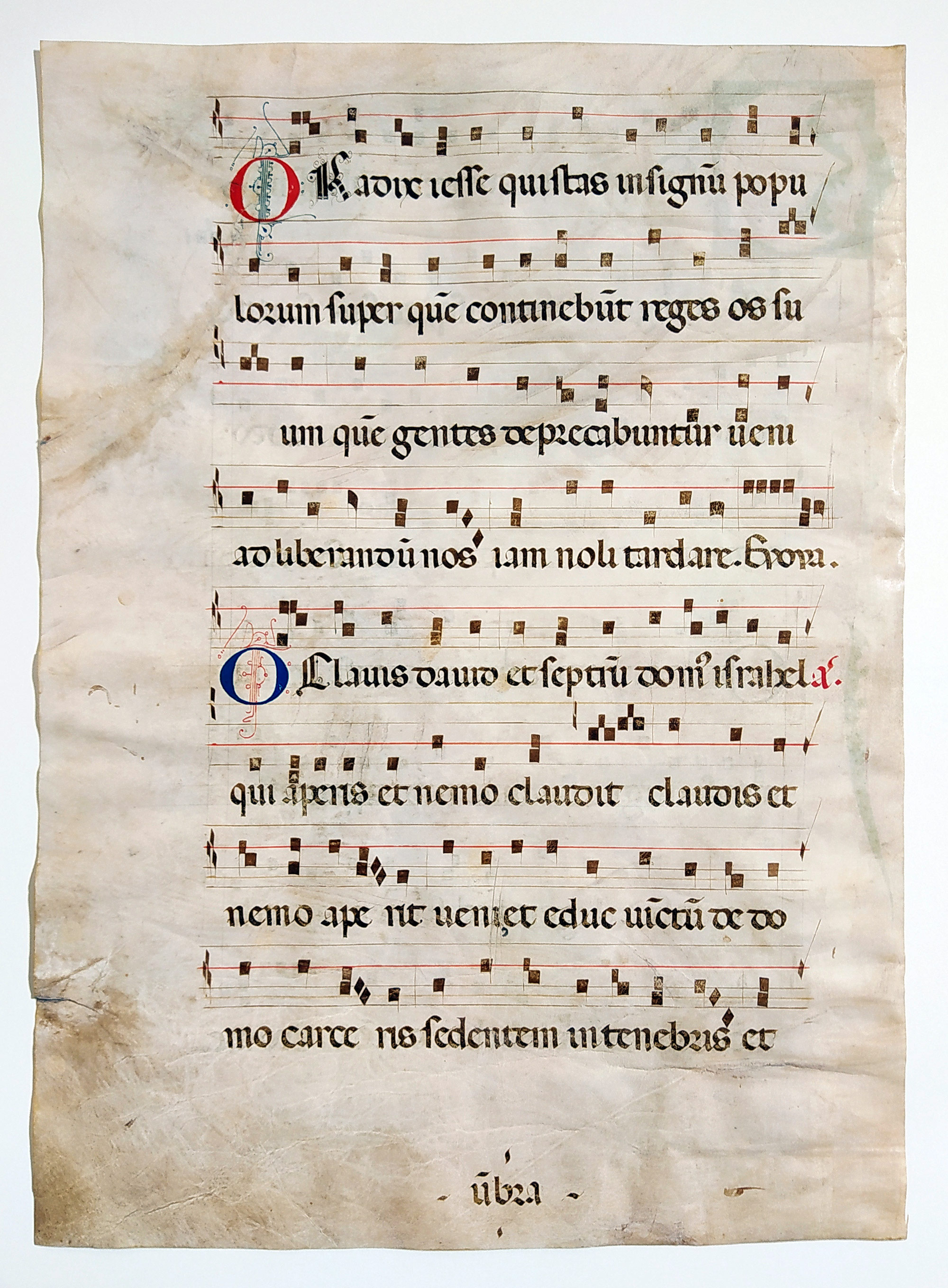 Antifonář – Notový záznam z liturgické knihy, oboustranná malba na pergamenu, po 1300