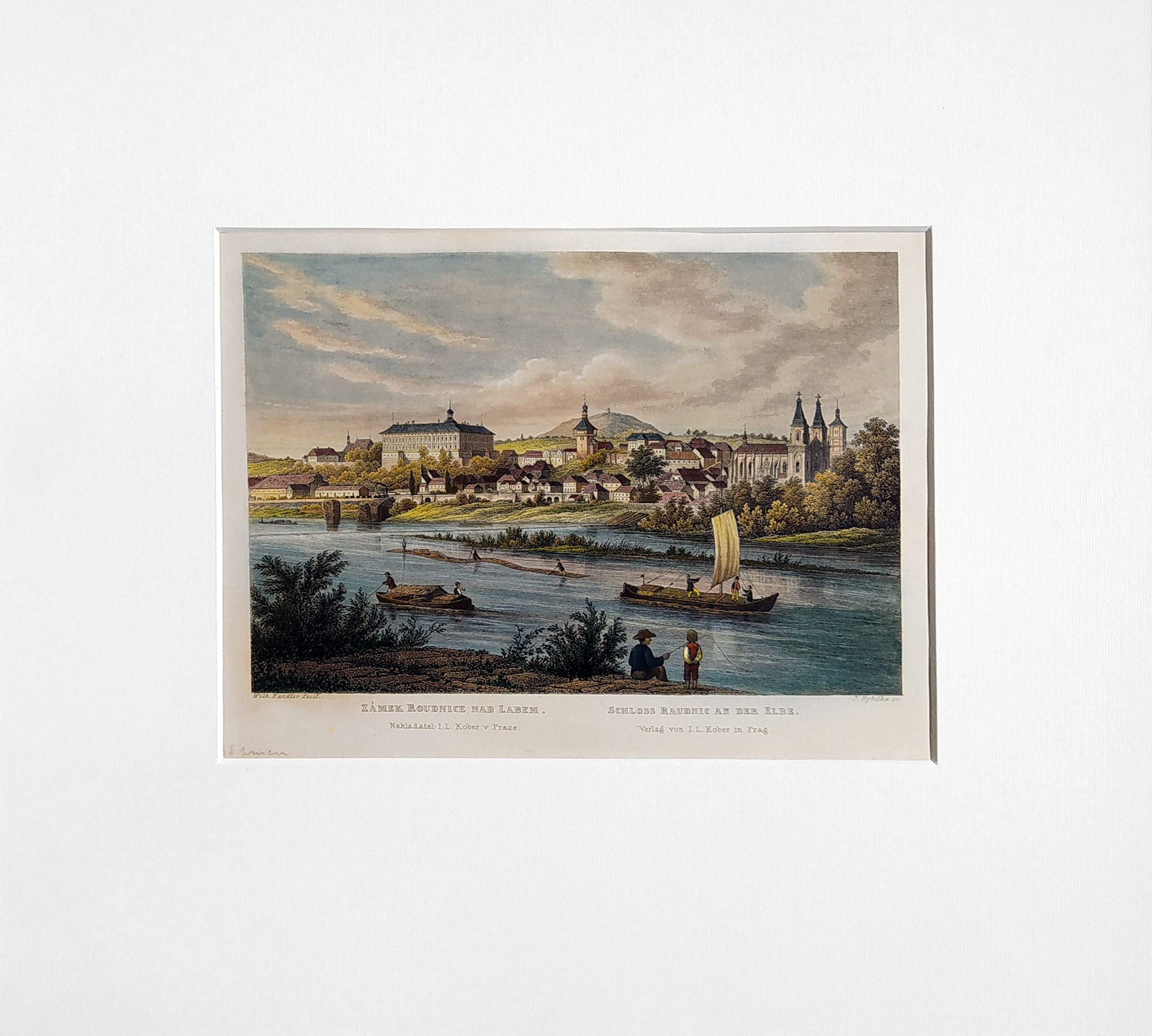 Roudnice nad Labem – Pohled na zámek přes řeku Labe, J. Rybička, kolorovaný oceloryt, ca 1840