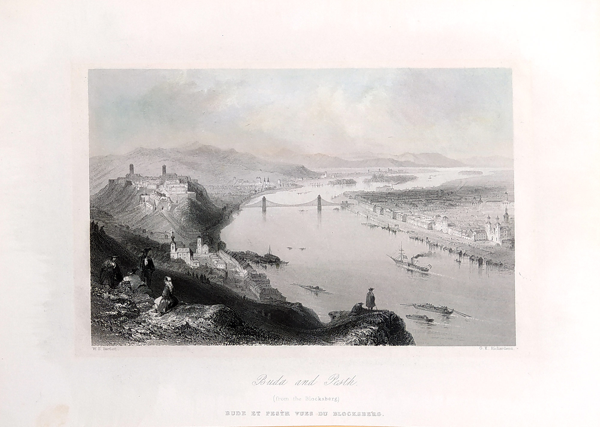 Budapešť – Buda and Pesth, G. K. Richardson, původní oceloryt, ca 1840