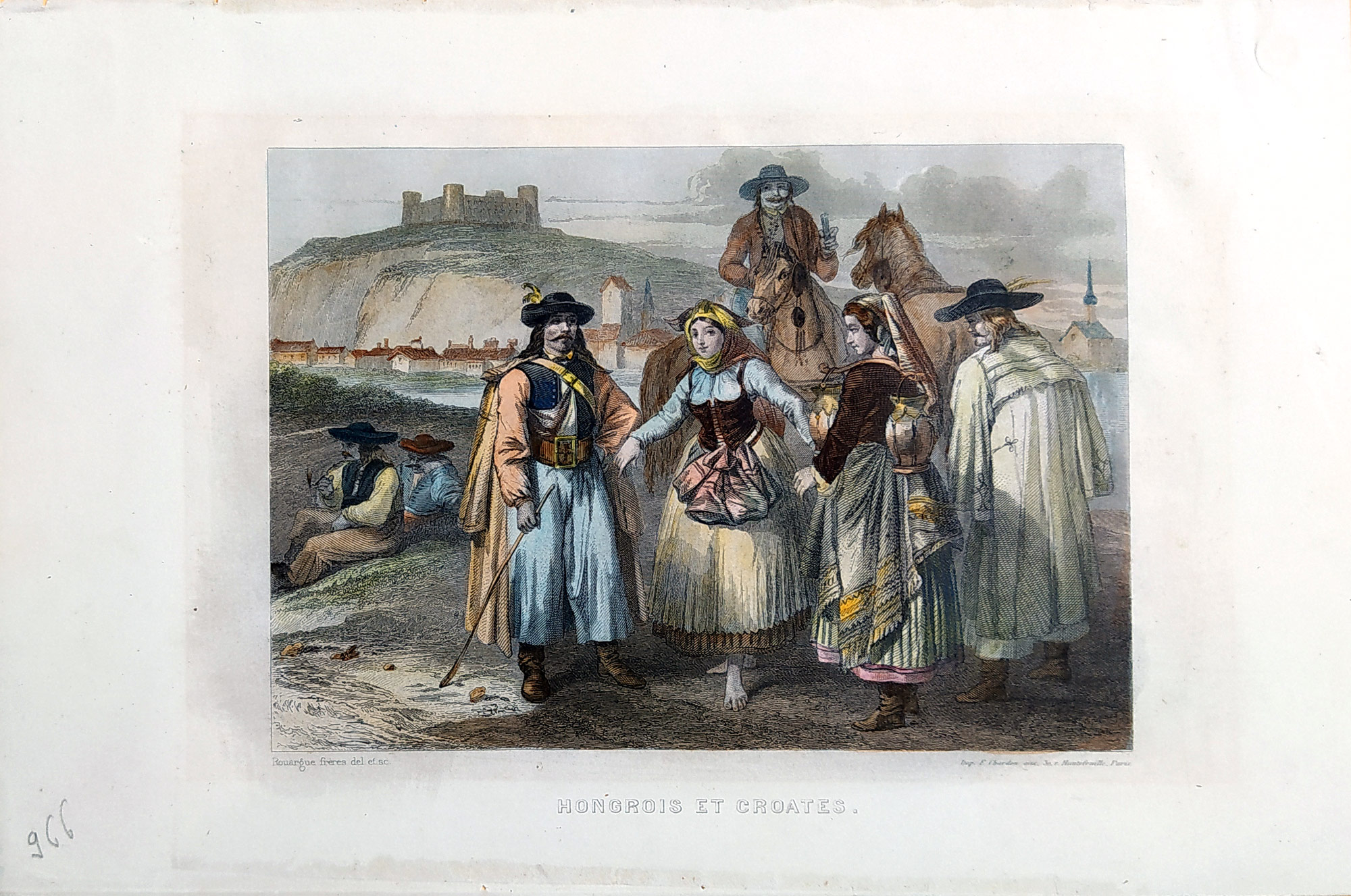 Bratislava – Pohled na město, v popředí návrhy národních krojů, Rouarque, kolorovaný oceloryt, ca 1850