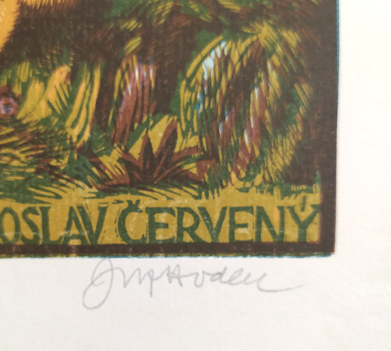 Hodek Josef mladší – Ex libris Jaroslav Červený, barevný dřevoryt, ca 1930