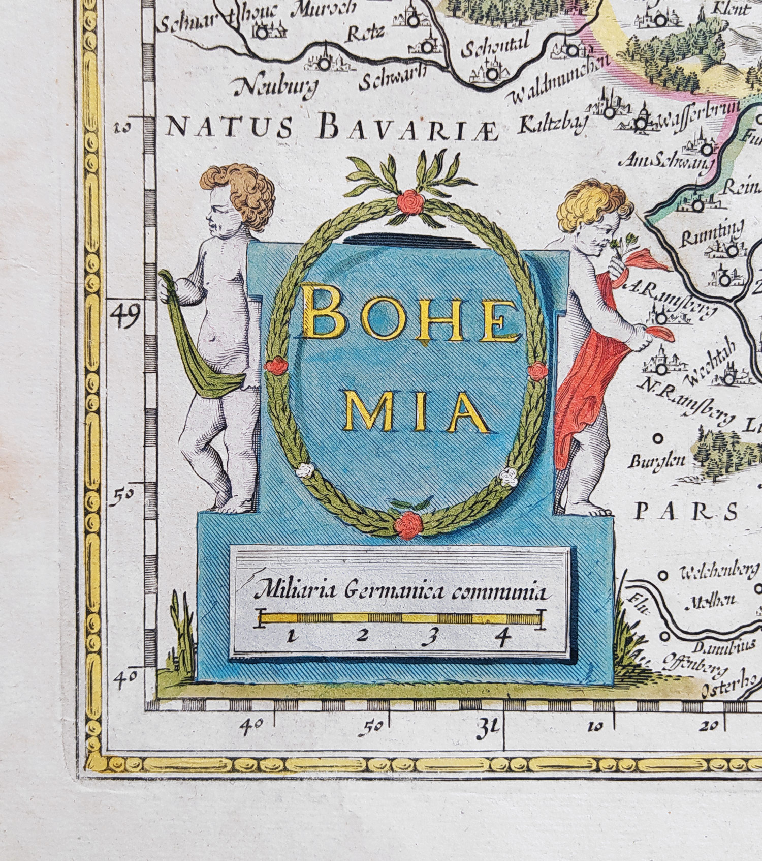  Čechy – Bohemia, W. J. Blaeu, staře kolorovaný původní mědiryt, 1630