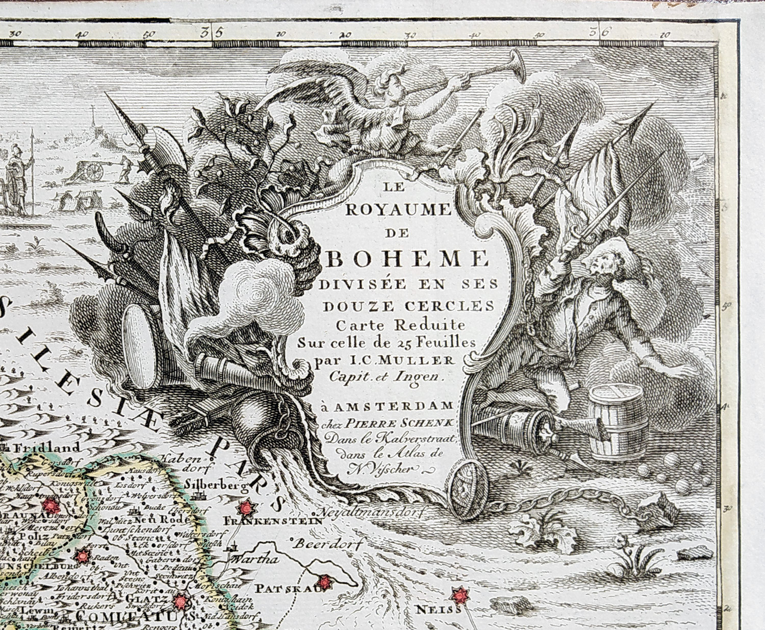  Čechy – Nicolaes Visscher, staře kolorovaný původní mědiryt, 1745