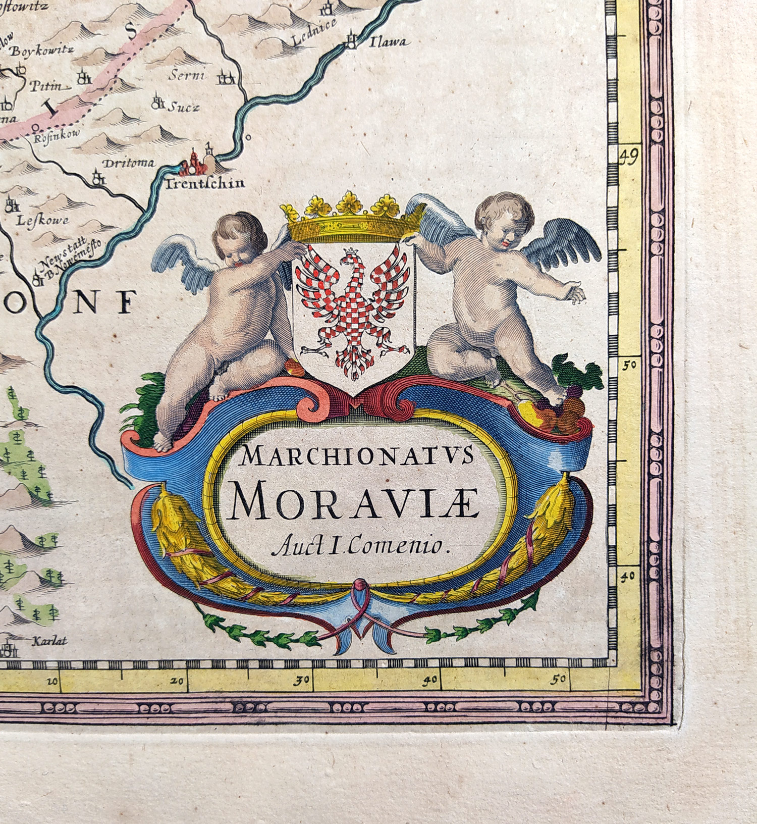 Morava – Komenského mapa Moravy, Henricus Hondius, staře kolorovaný původní mědiryt, 1. vydání, 1633