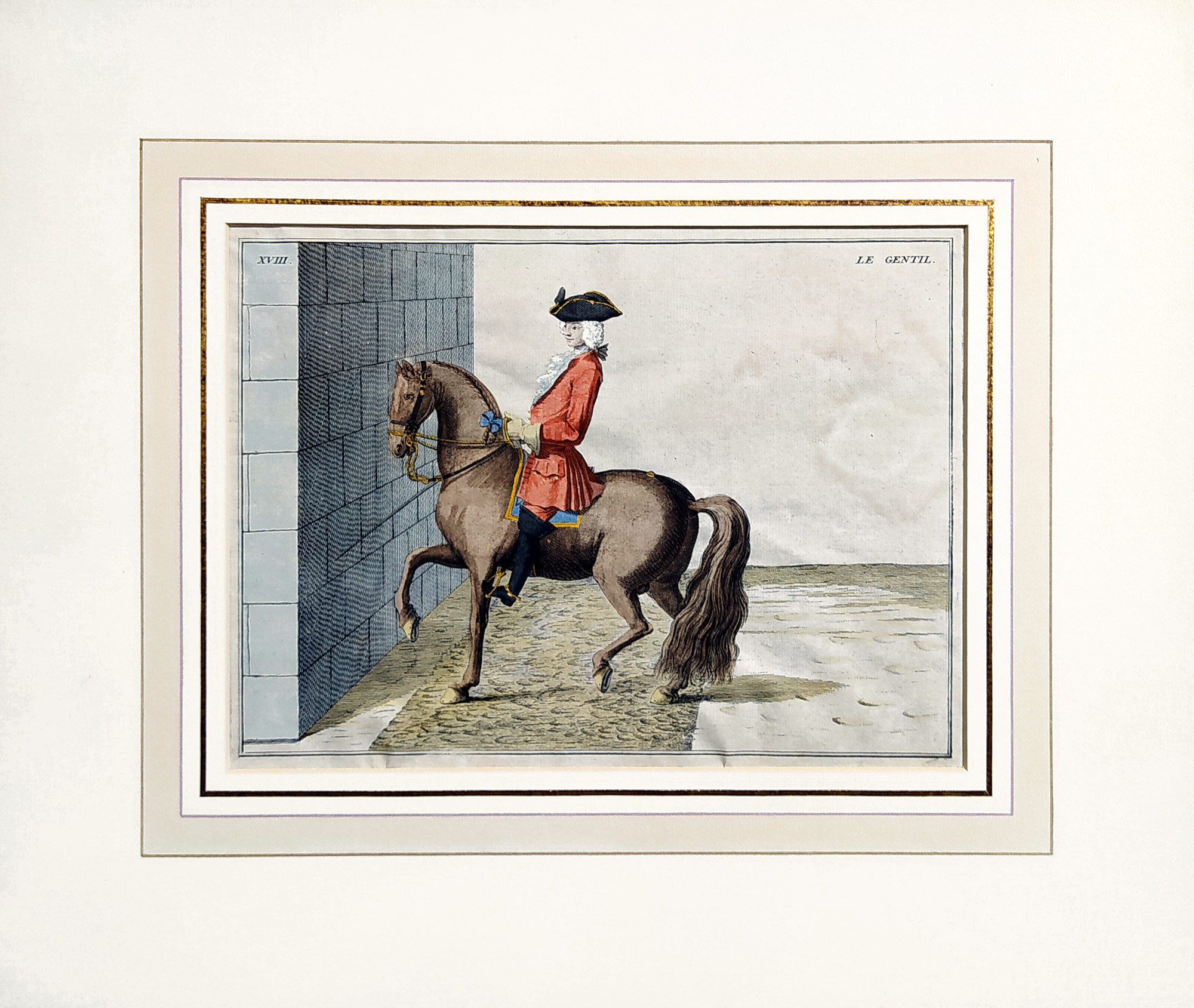 Picart Bernard – Umění jízdy na koni, staře kolorovaný původní mědiryt, 1747