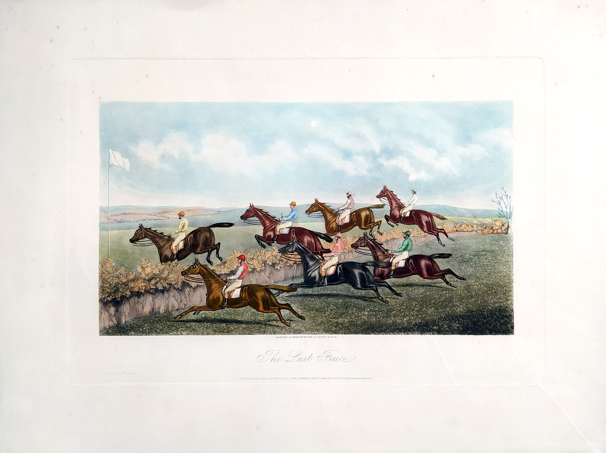 Hunt & Son – The Last Fence, staře kolorovaný původní lept, Londýn, 1877