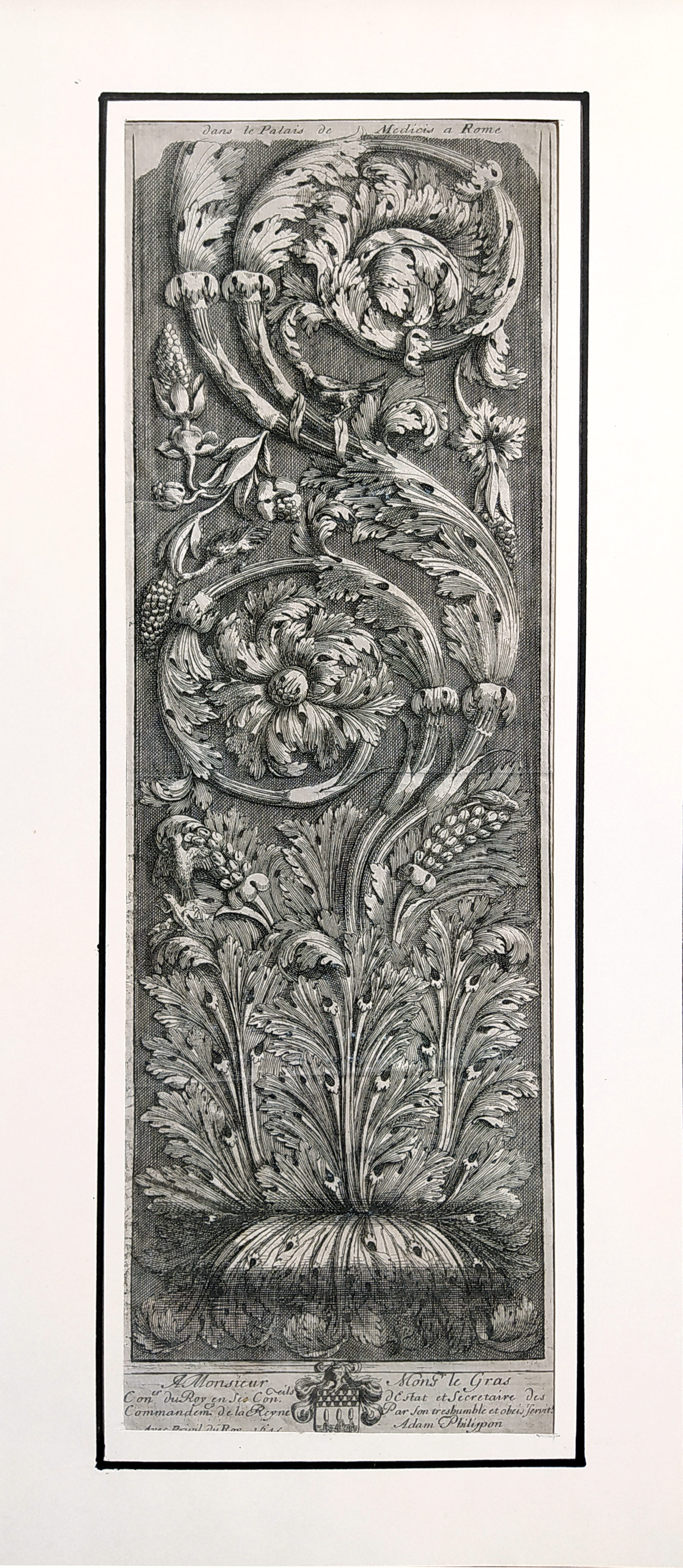Philippon Adam – Dekorativní panel, ornament s akantovými listy, květinami a plody, lept, 1645