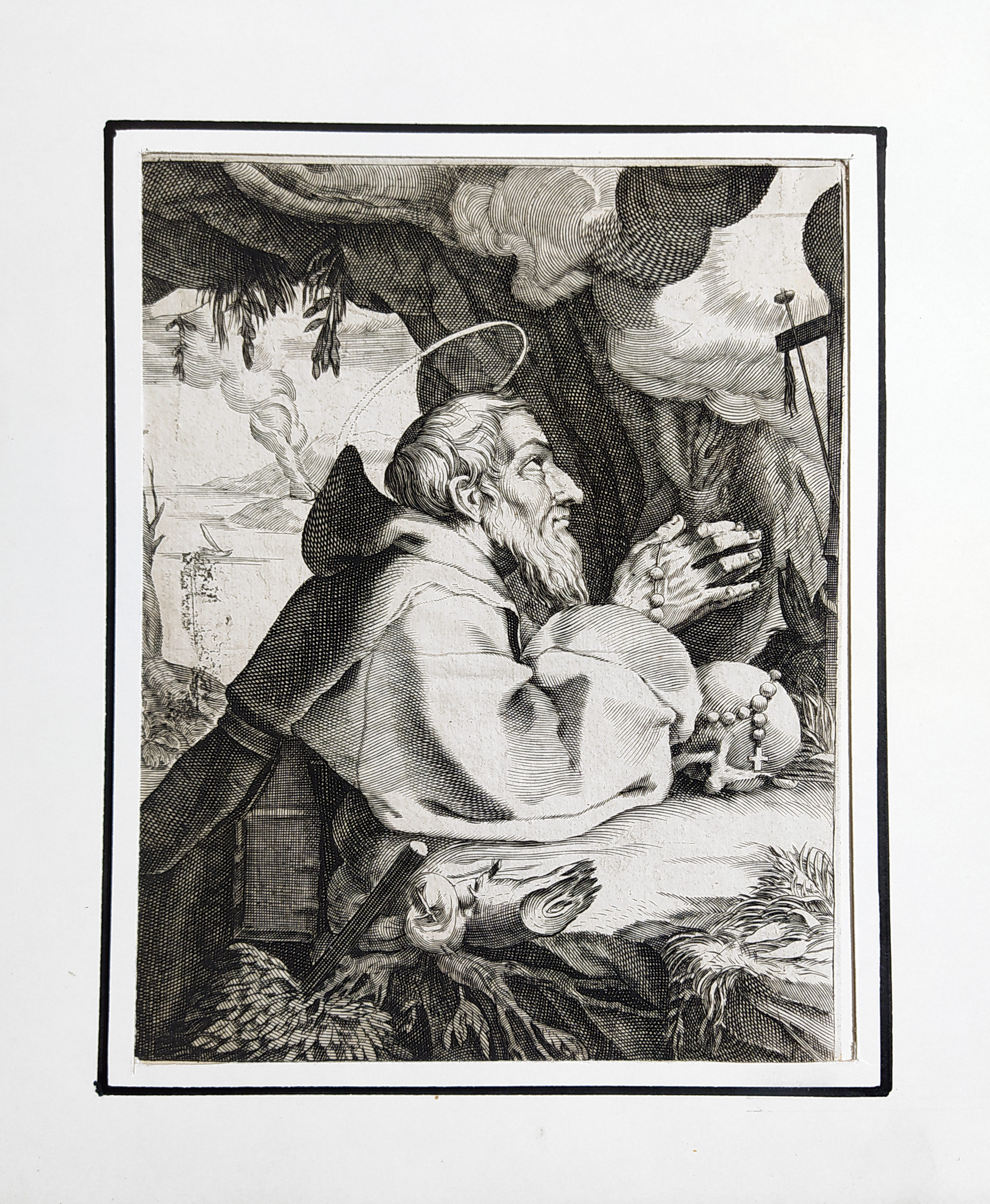 sv. František z Assisi – Francesco Villamena, mědiryt, stranově převráceno, ca 1700