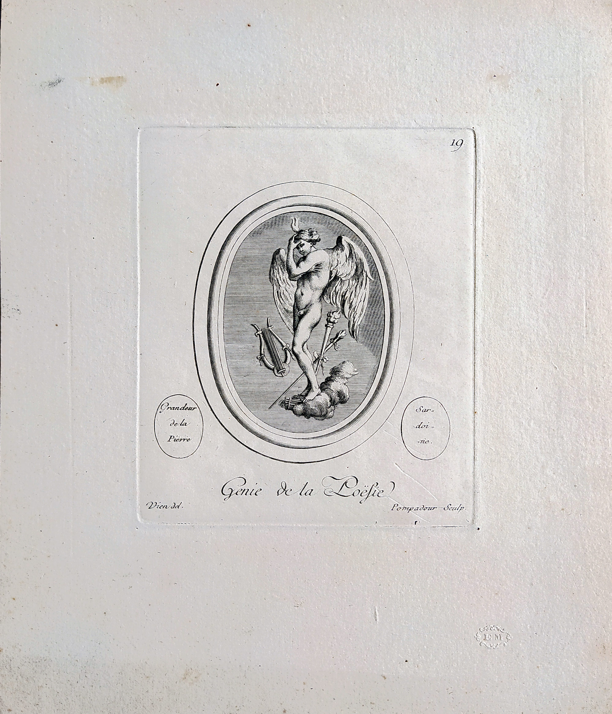 Madame Pompadour – Apollón korunující génia malířství a sochařství, Plate 6, původní lept, ca 1775