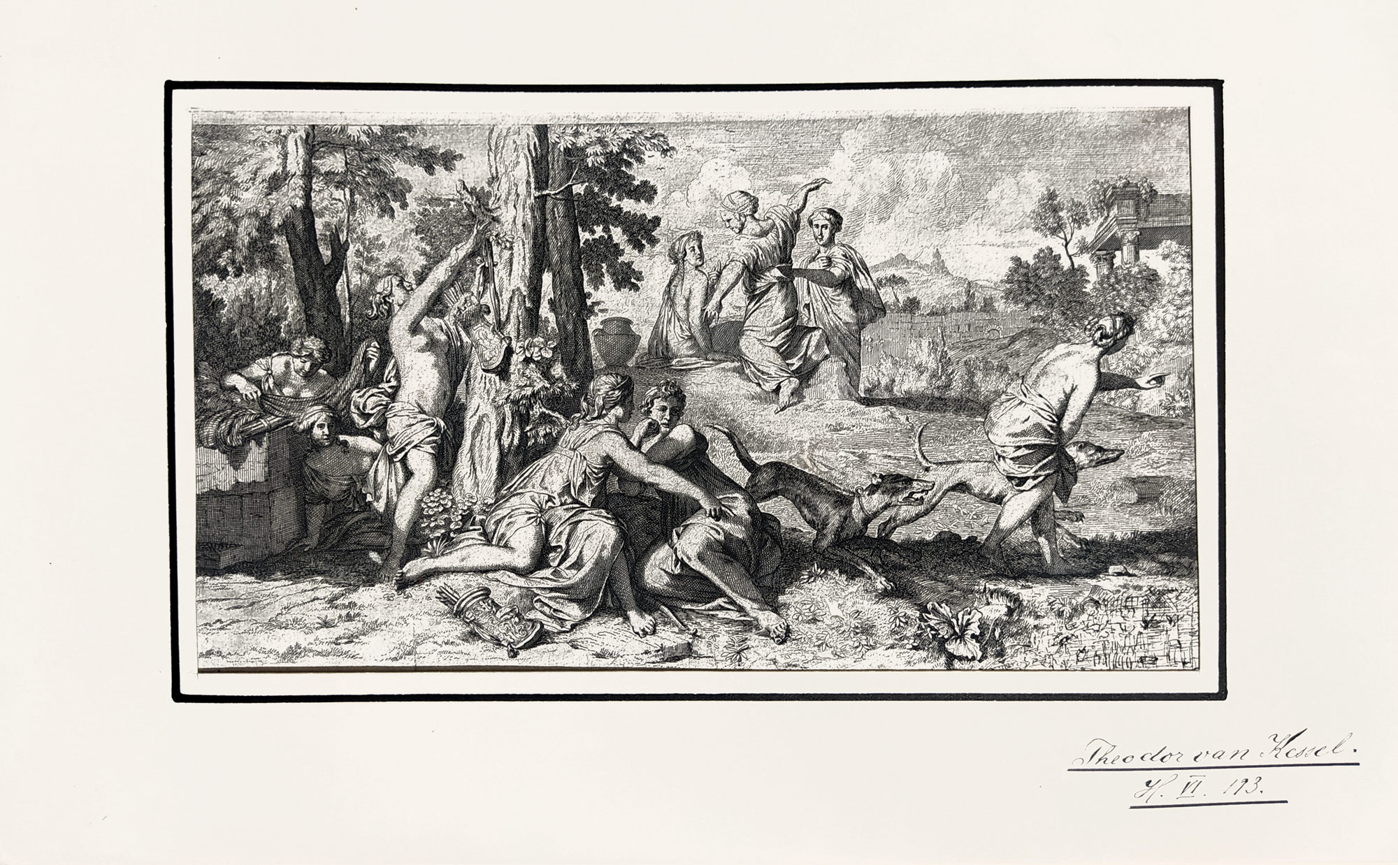 Lairesse, Gerard de – Diana a její společnice po lovu (1675), lept a suchá jehla, stranově převráceno, ca 1700