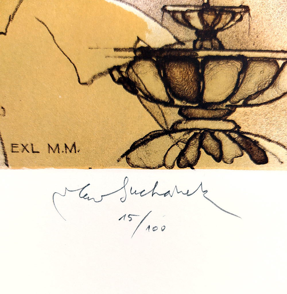 Suchánek Vladimír – Herbst, Ex libris M. M., původní barevná litografie, č. 15/100, nedatováno