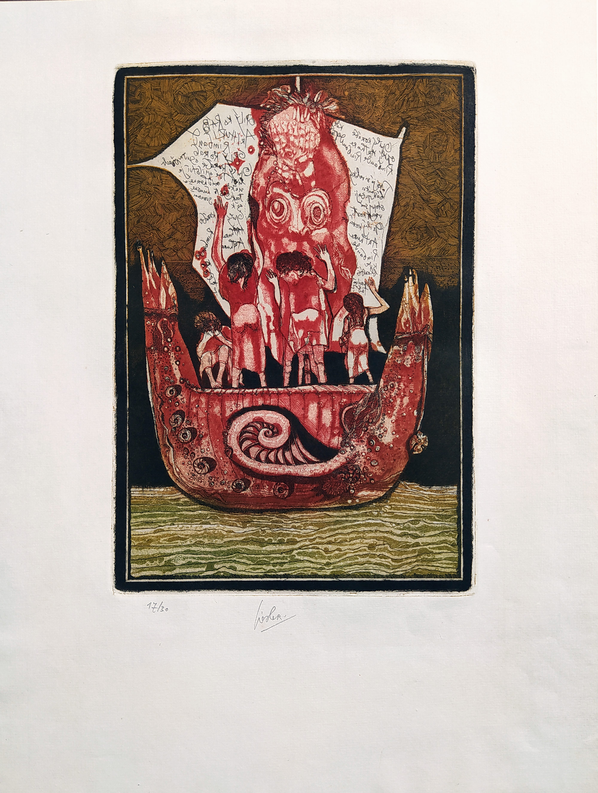 Liesler Josef – Opilý koráb, barevný lept, číslováno 17/30, nedatováno