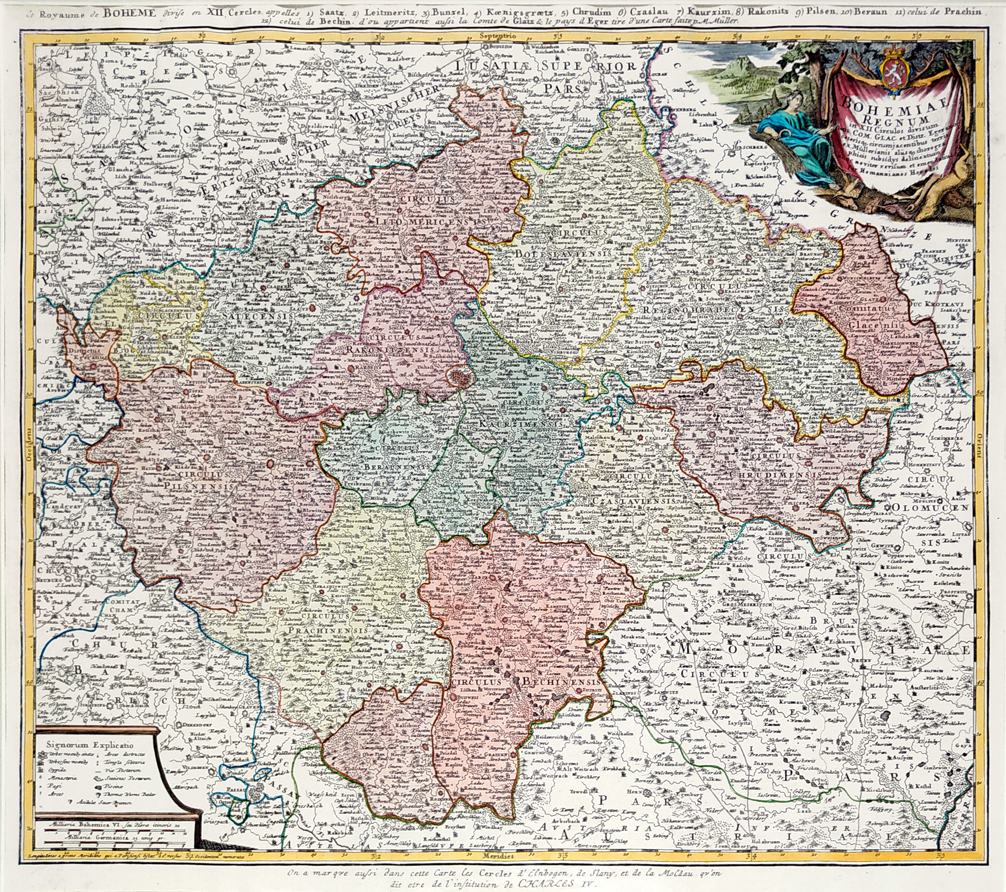  Čechy – Mapa království Českého, Homannovi dědicové, staře kolorovaný původní mědiryt, ca 1740