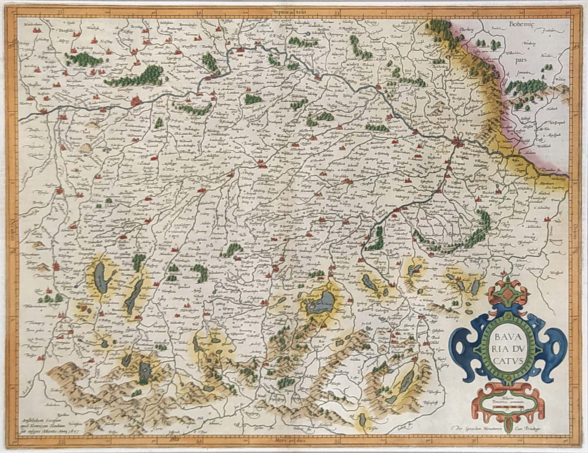 Německo – Bavaria Ducatus, Gerard Mercator, Henric Hondius, staře kolorovaný původní mědiryt, 1633
