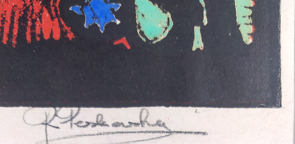 Krocan a kohout – neurčený autor, původní barevný linoryt, číslováno 11/25, 1938