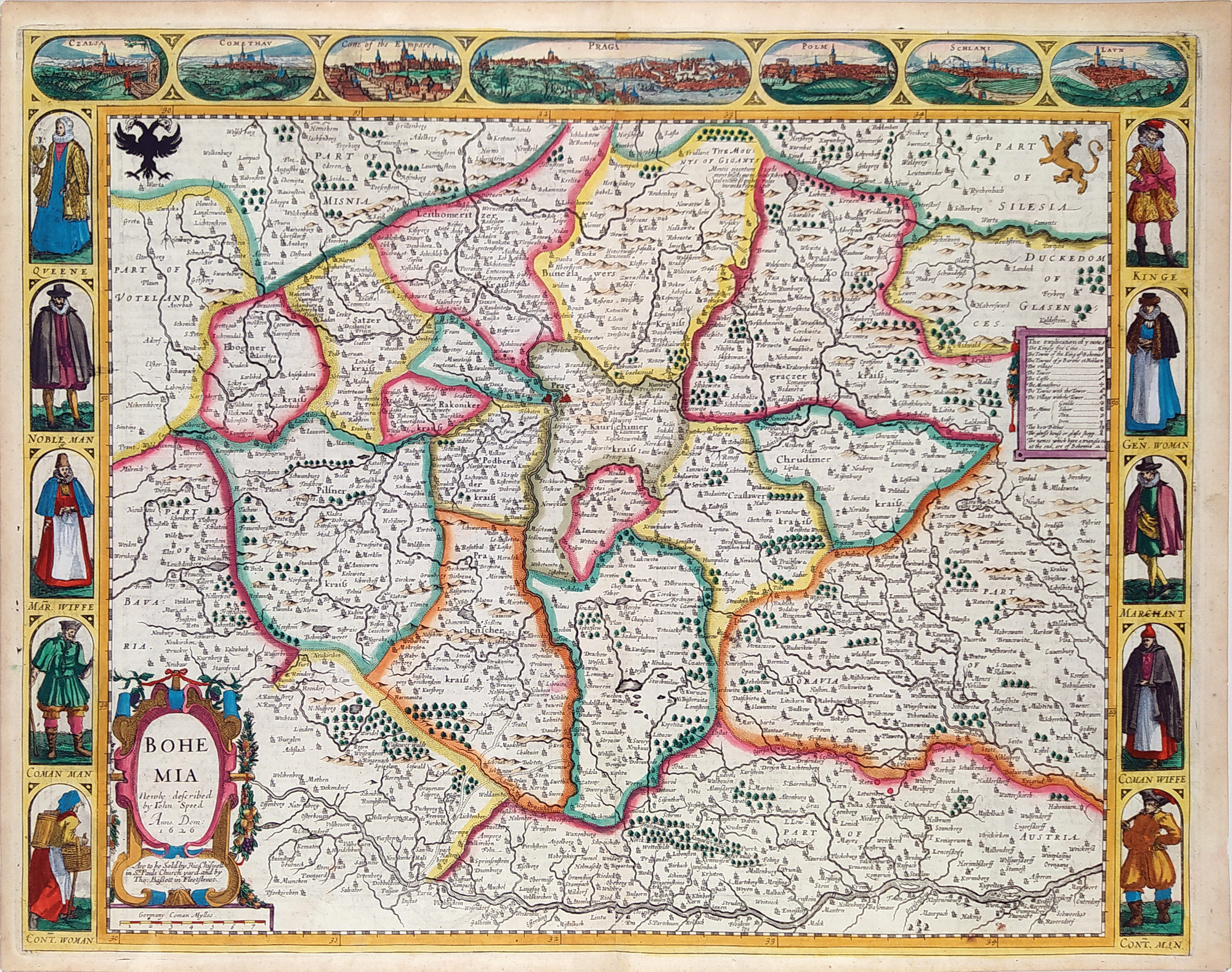 Čechy – Bohemia Newly described, John Speed, původní staře kolorovaný mědiryt, 1626