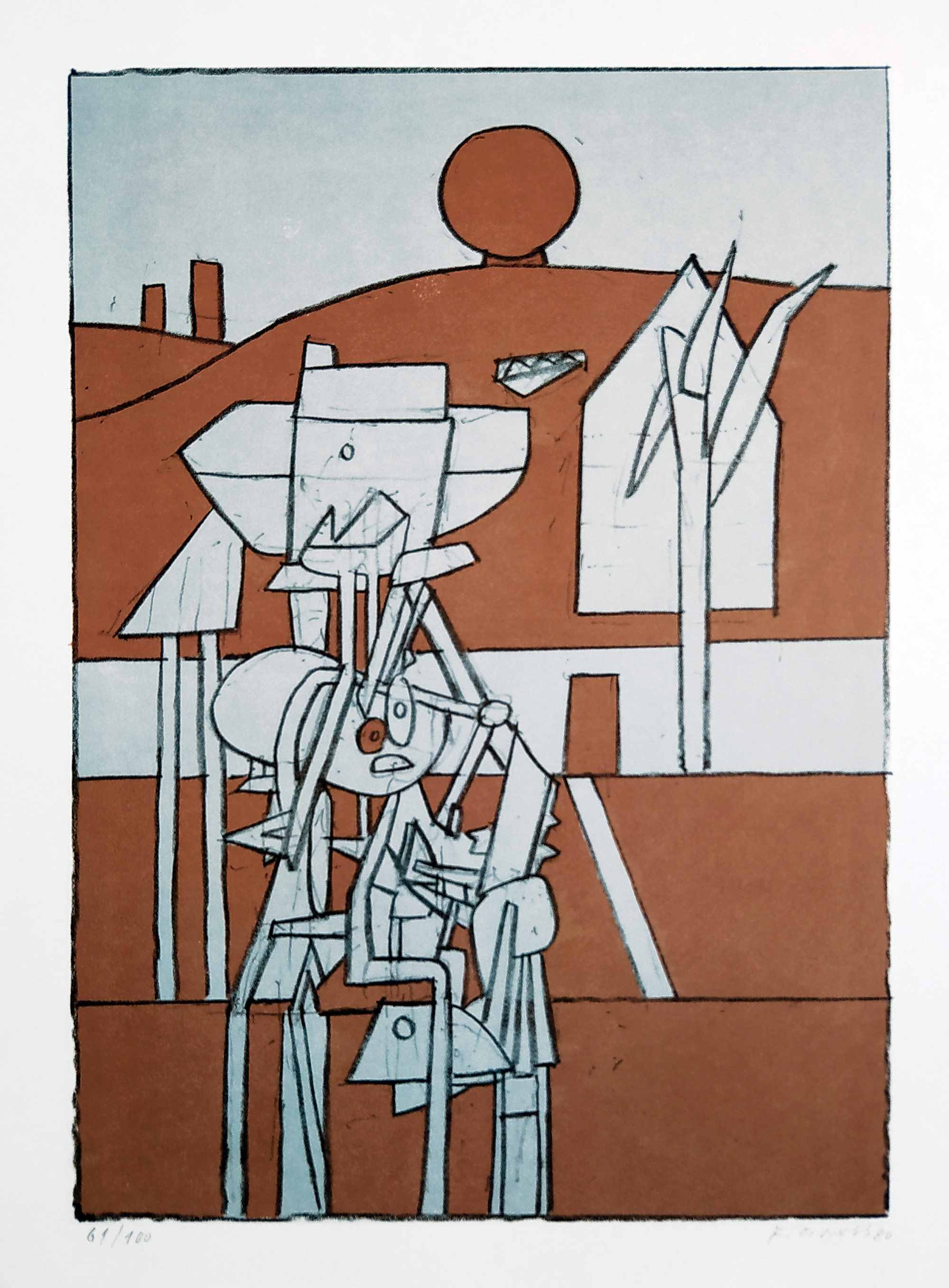 Gross František – Strojky pod plynojemem, původní barevná litografie, 1980