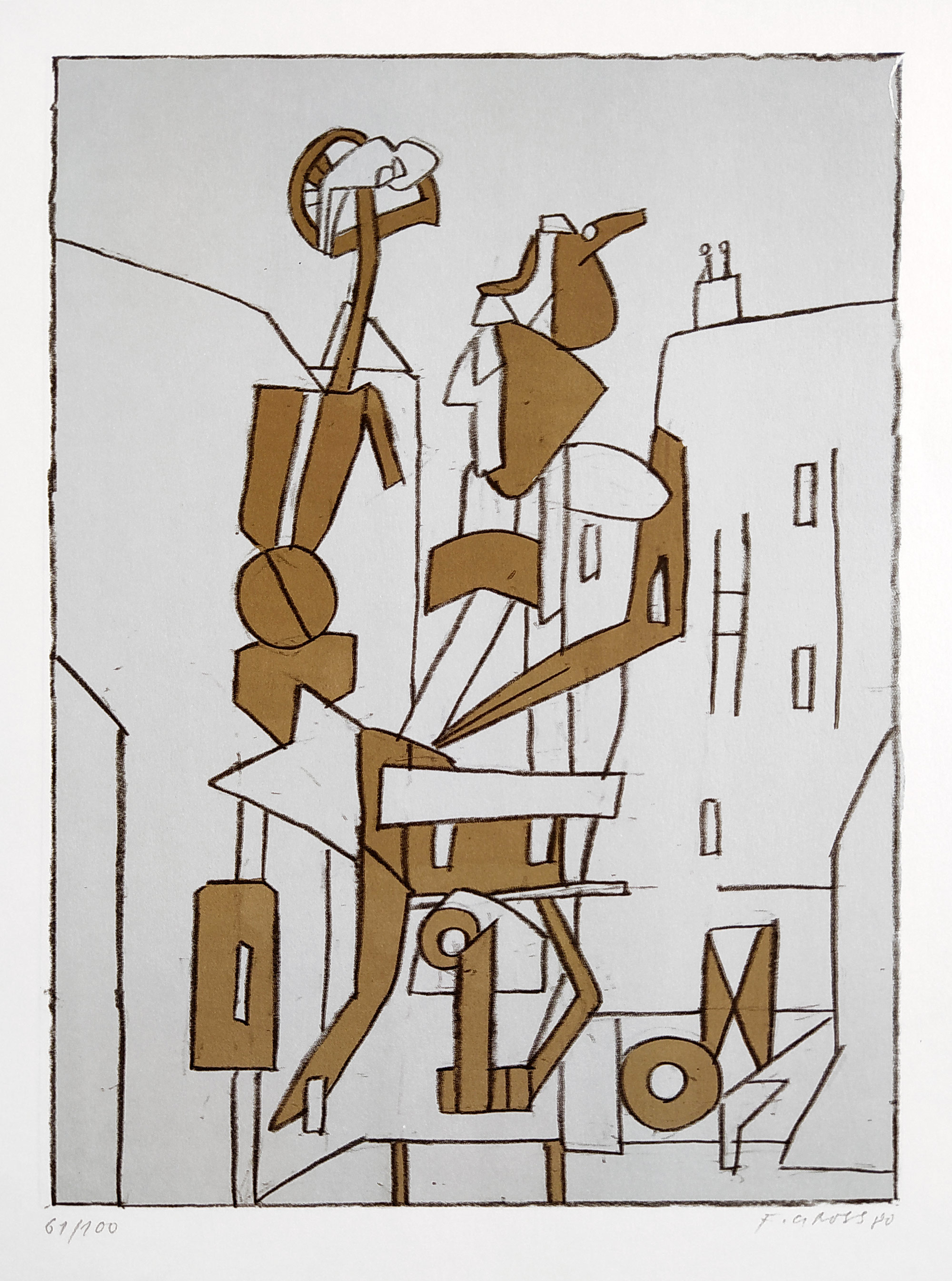 Gross František – Dvě postavy ve městě, původní barevná litografie, 1980