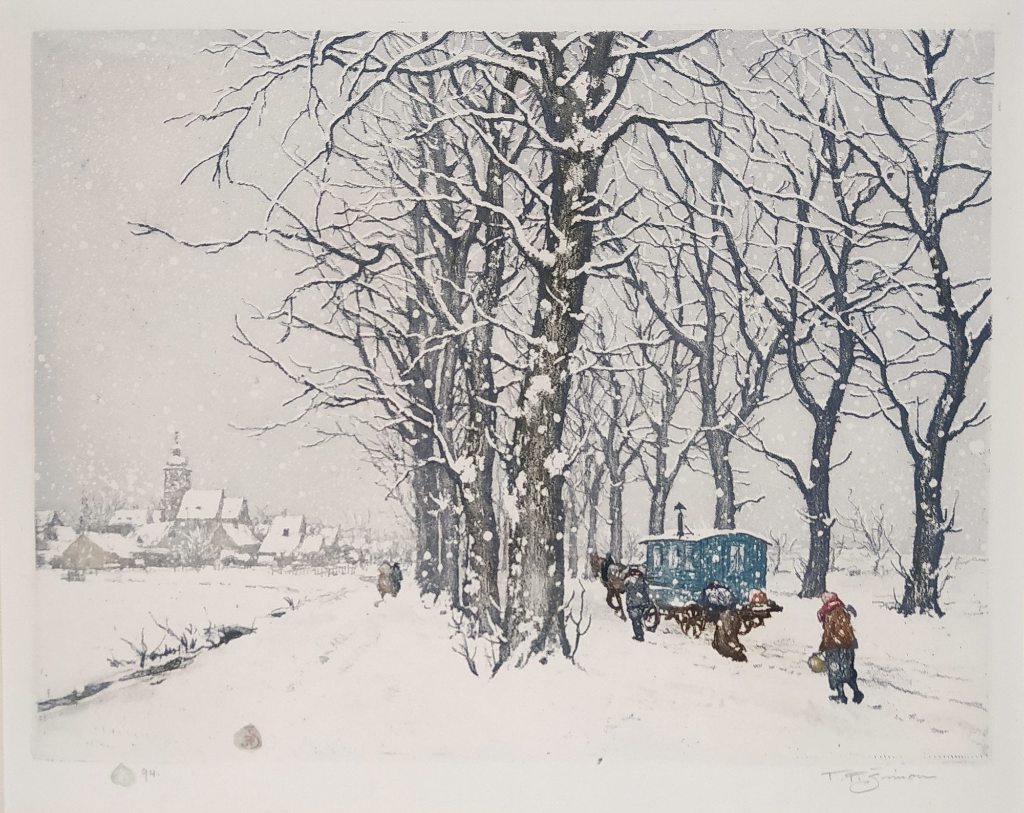 Šimon Tavík František – Zasněženou cestou, barevný lept, 1923