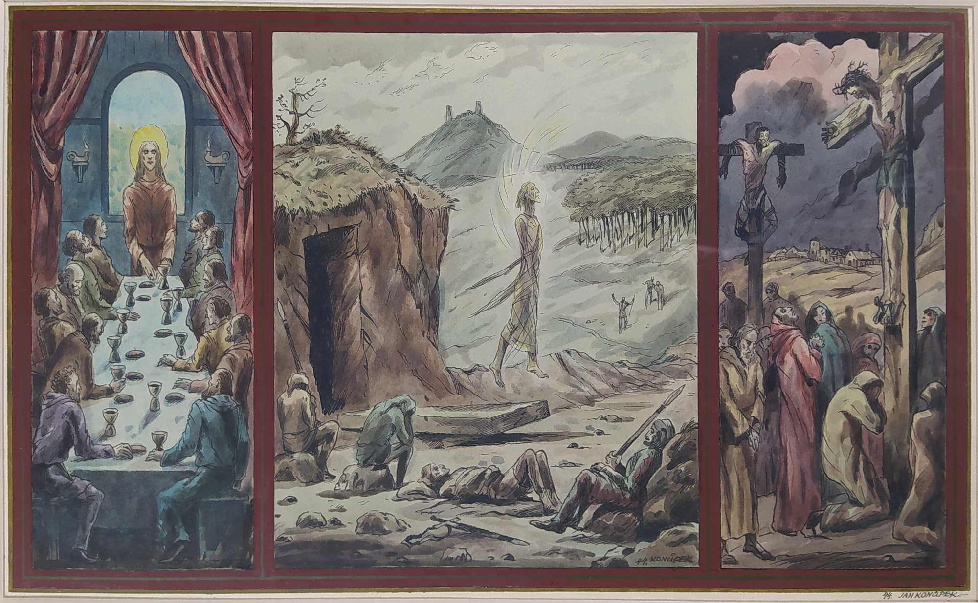 Konůpek Jan – Poslední večeře, ukřižování a zmrtvýchvstání, akvarelem kolorovaná kresba tuší, 1944