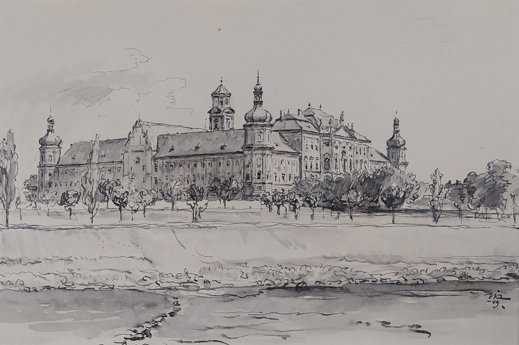 Vik Karel – Klášter Hradisko Kroměříž, lavírovaná kresba tuší, 1943