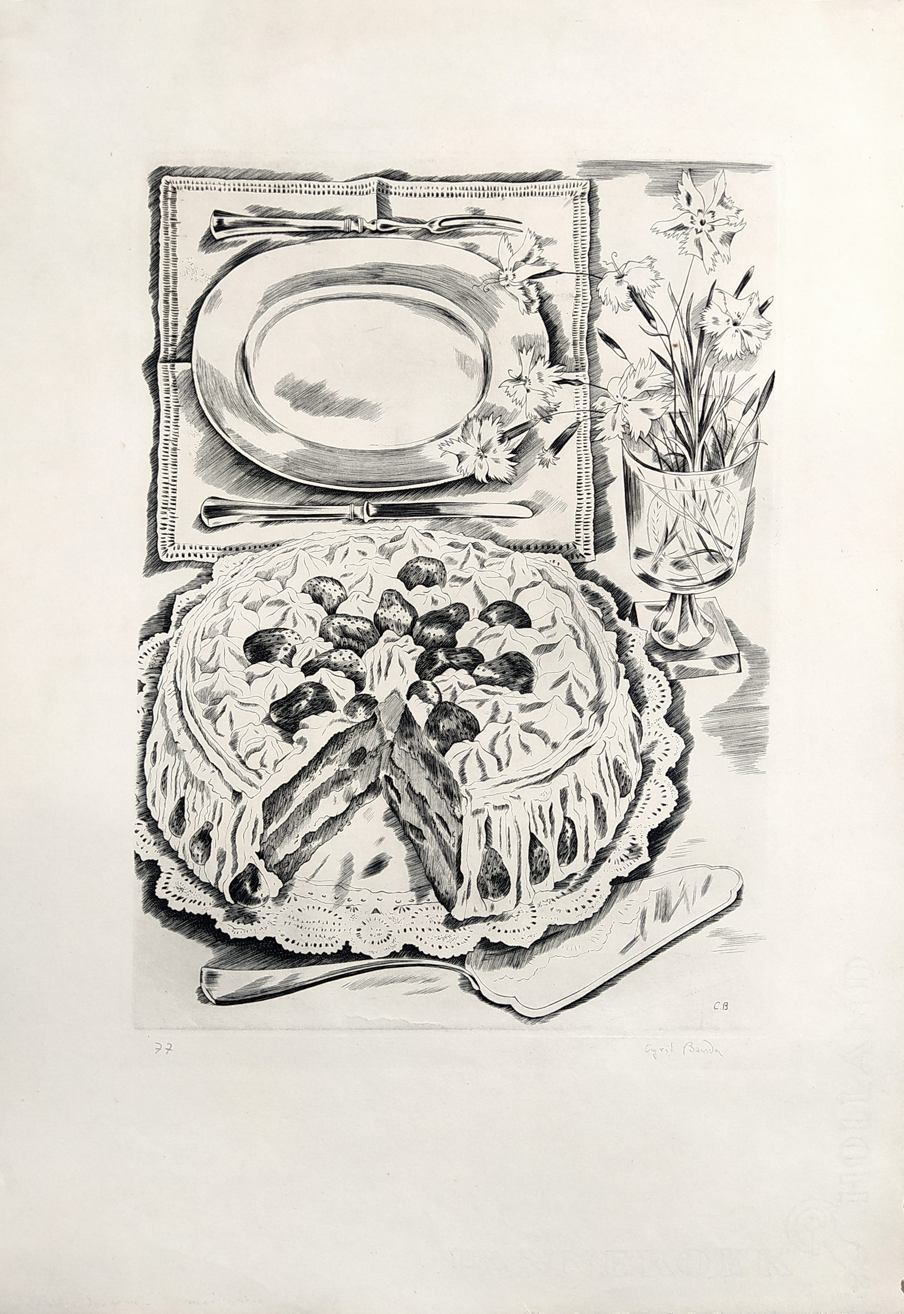 Bouda Cyril – Zátiší s dortem, původní mědiryt, číslováno 77/200, soupis díla č. 483, 1935