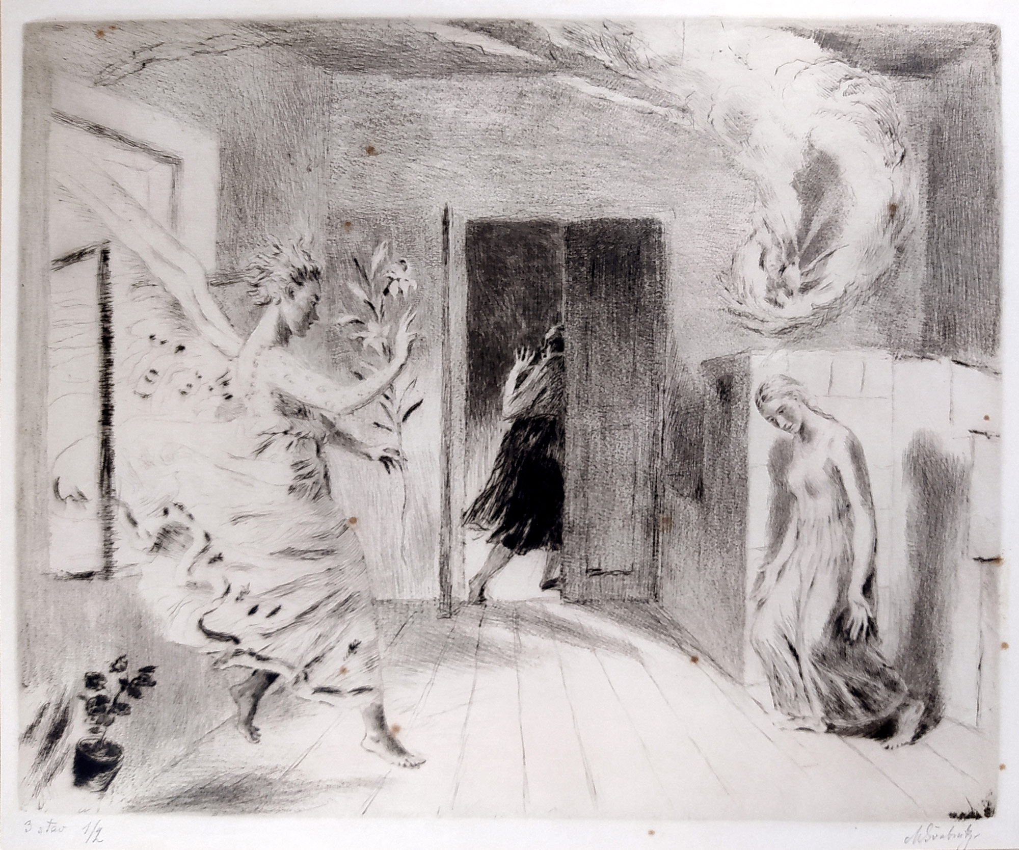 Švabinský Max – Zvěstování, původní suchá jehla, 3. stav 1/2, soupis gr. díla č. 270, 1930