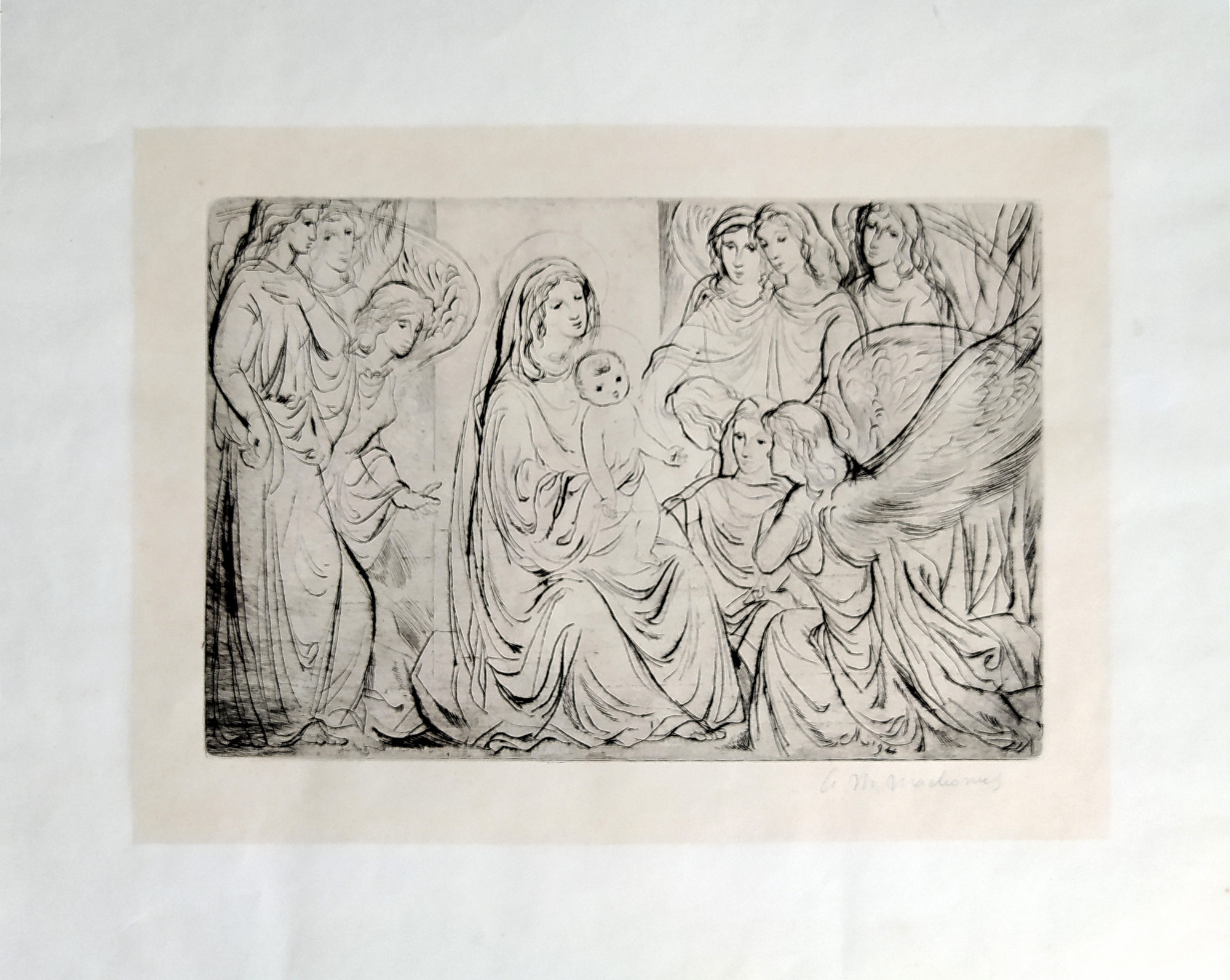 Machourek Antonín Marek Lukáš – Madona s dítětem a anděly, původní suchá jehla, 1944