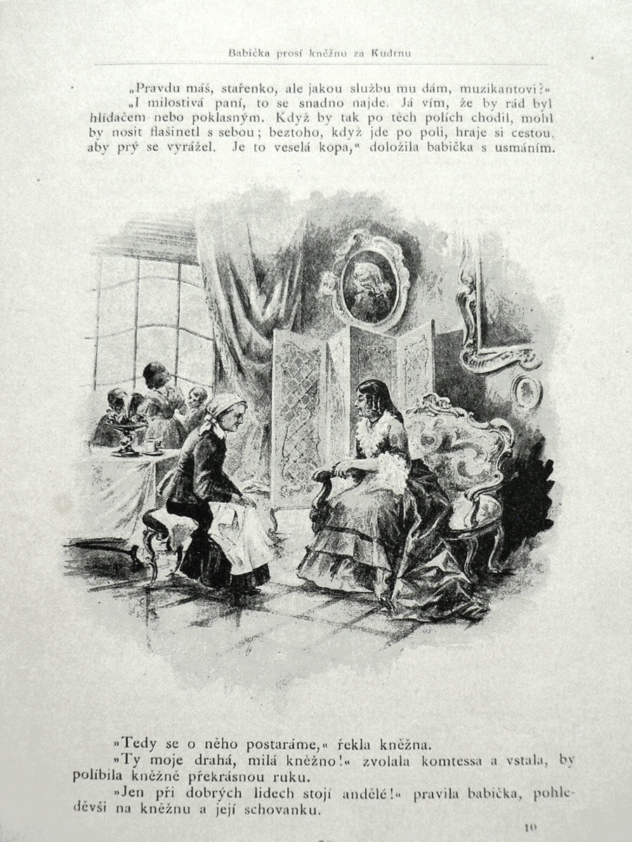 Štapfer Karel – Babička prosí kněžnu za Kudrnu, lavírovaná malba tuší, 1890