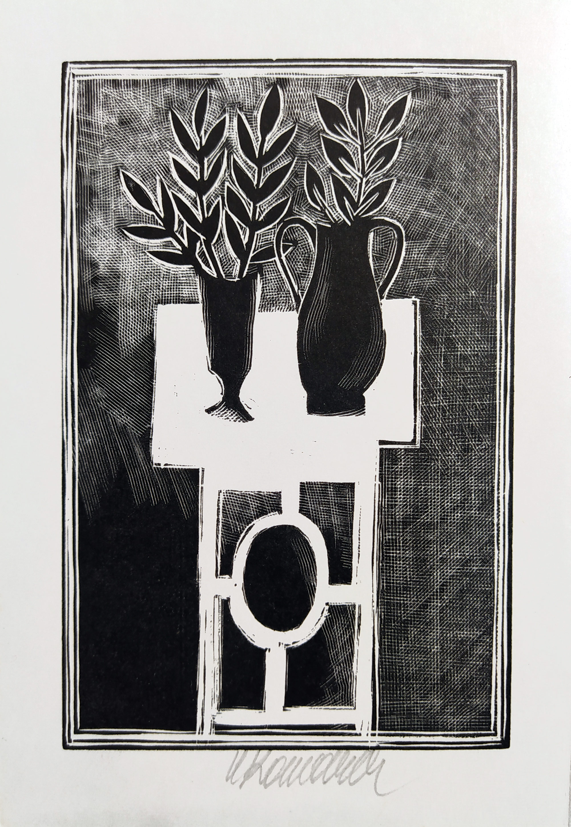 Komárek Vladimír – PF 1982 a PF 1983 Věra a Vladimír Mikulkovi, dva dřevoryty, 1981 a 1982