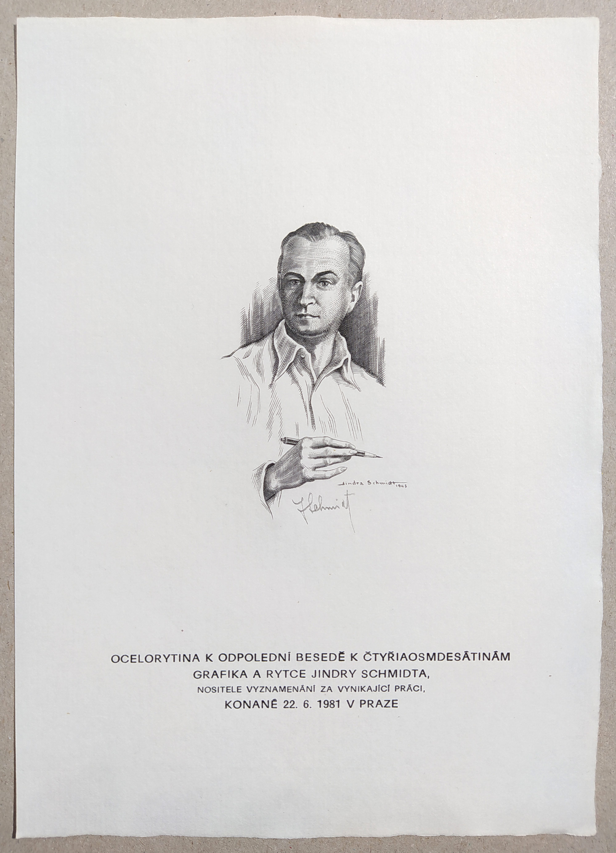 Schmidt Jindra – Autoportrét, ocelorytina, 1981