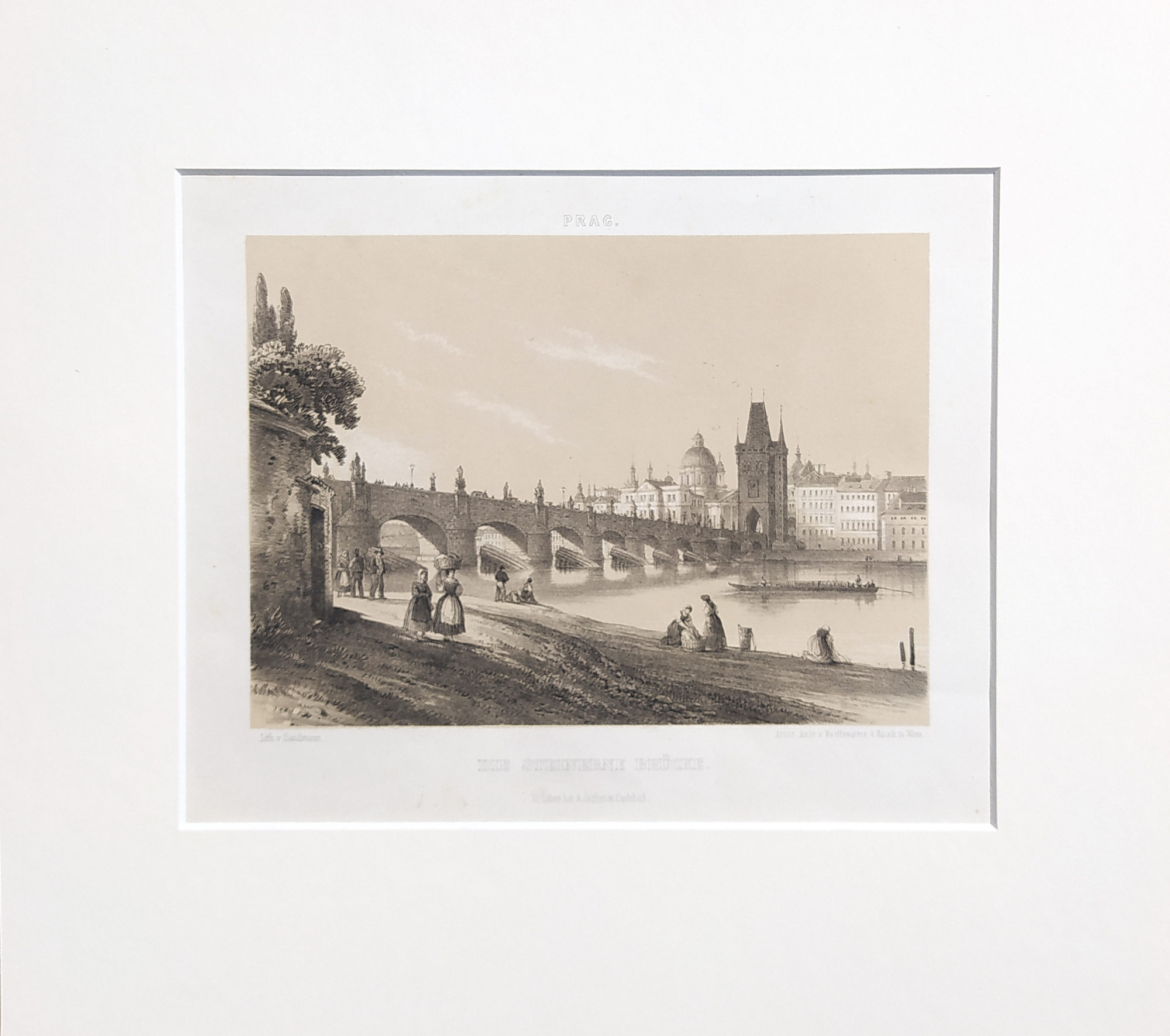 Praha – Karlův most a Staré Město, František Xaver Sandmann, původní litografie, ca 1860