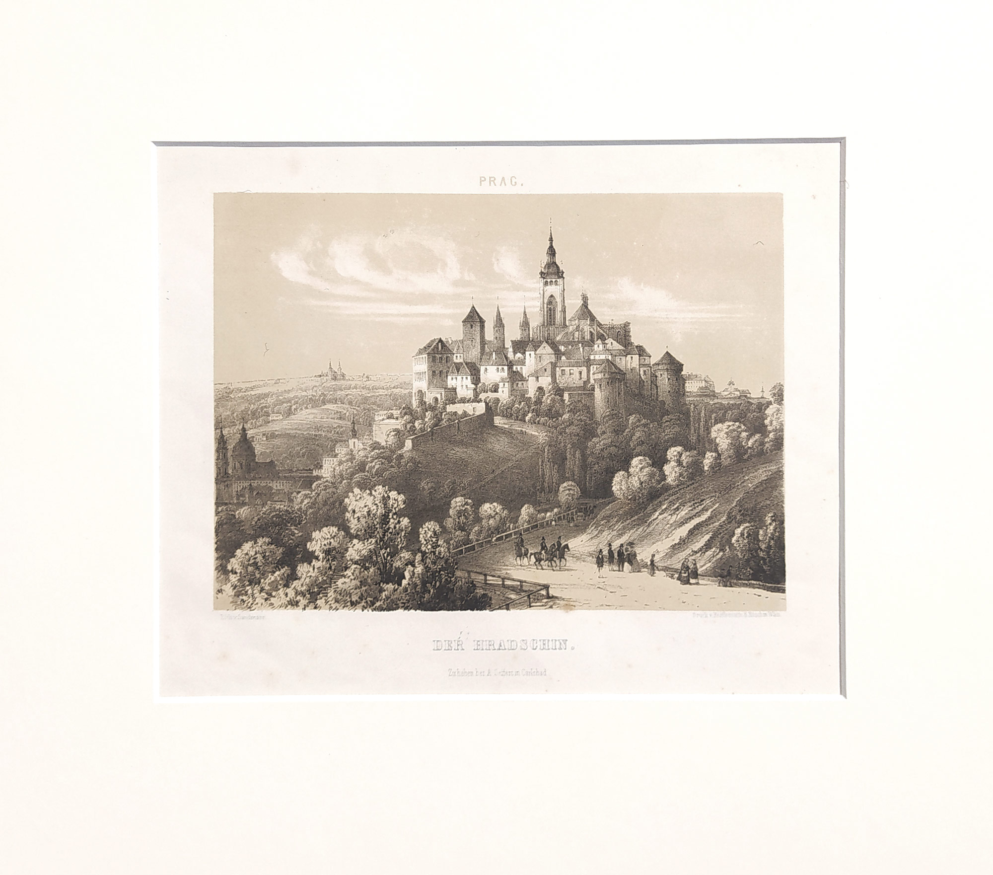 Praha – pohled na Pražský hrad, František Xaver Sandmann, původní litografie, 1860