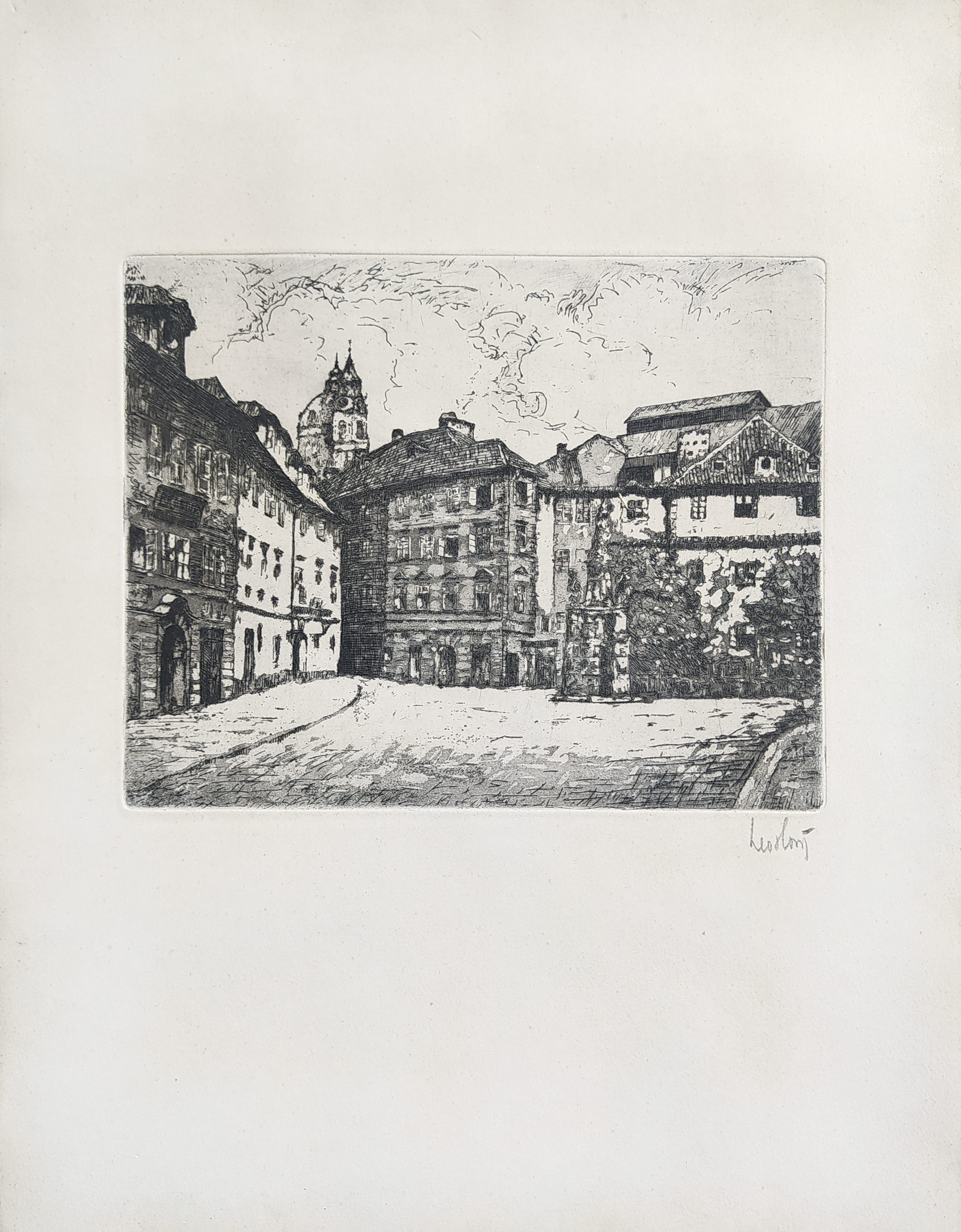 Horst Leo – Praha, Maltézské náměstí na Malé Straně, původní lept, ca 1930