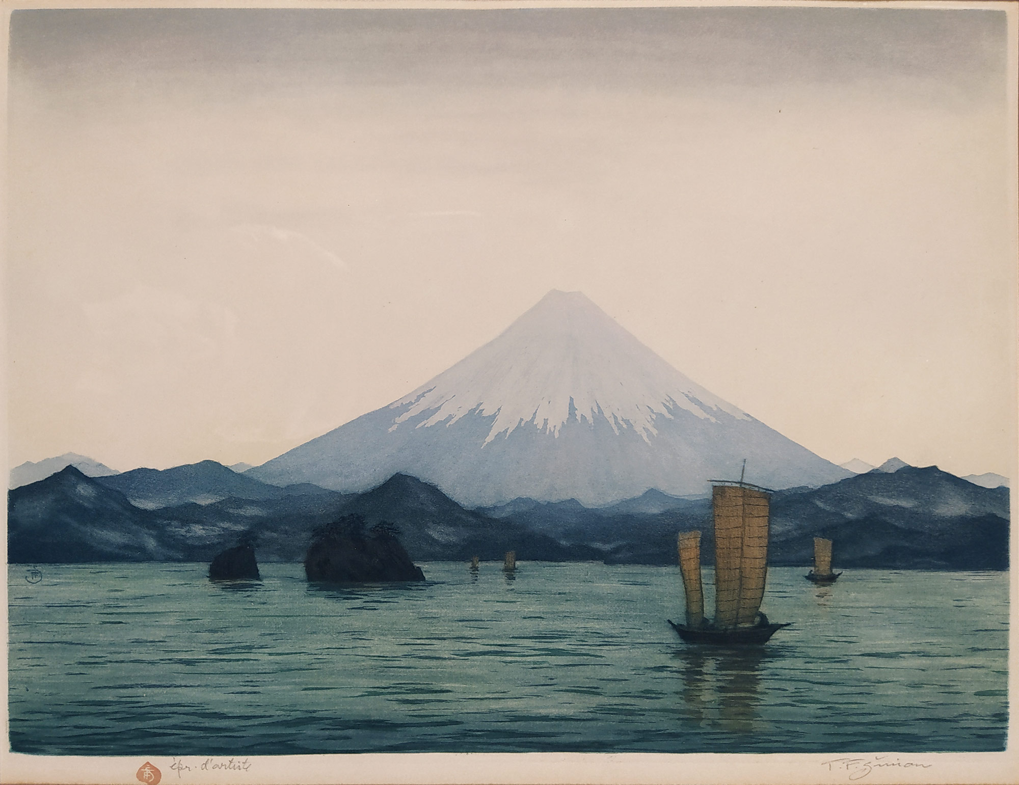 Šimon Tavík František – Hora Fuji v Japonsku, barevný lept, autorský tisk, 1928