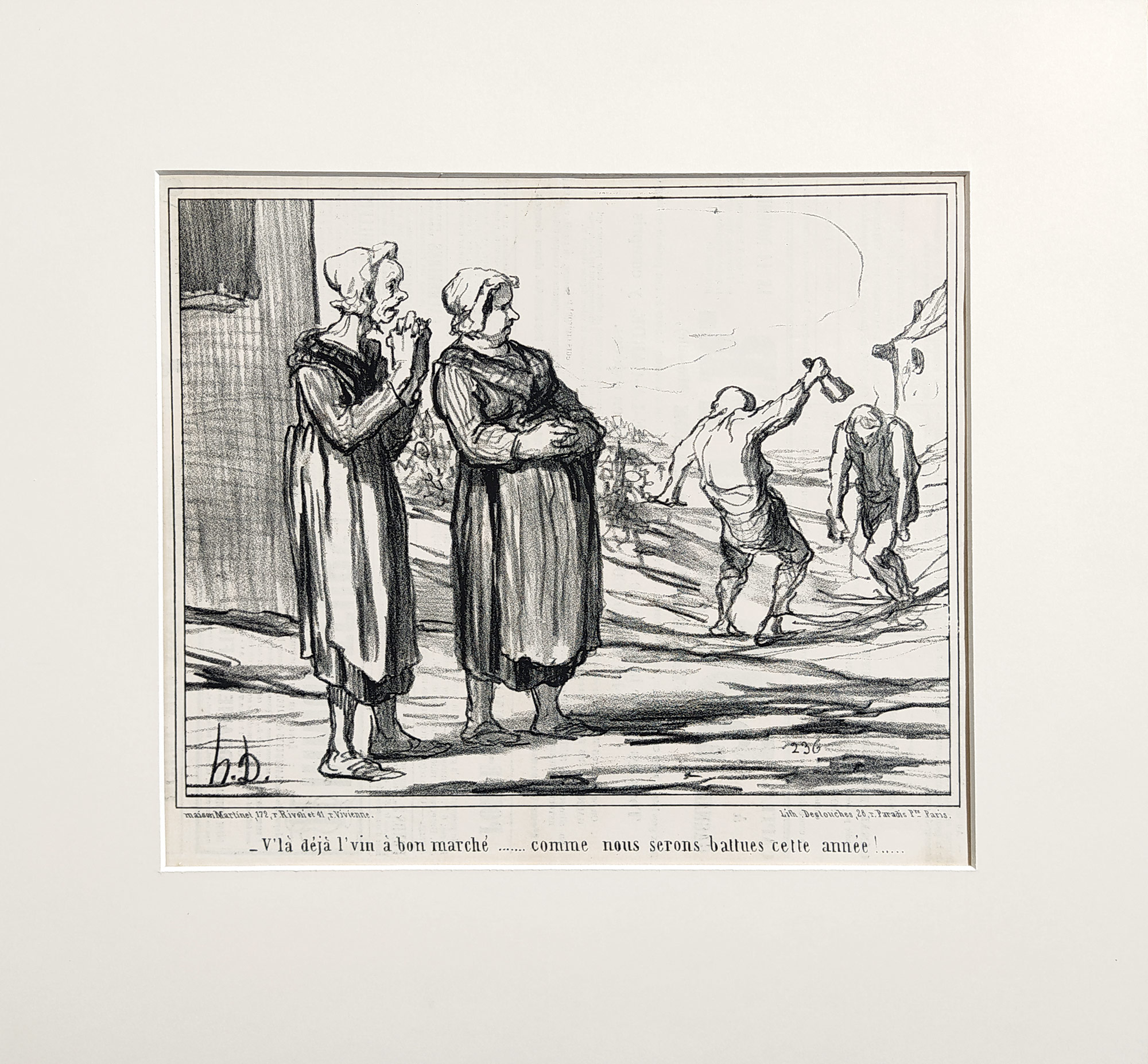 Daumier Honoré – Už prodávají levné víno, jak nás letos porazí!, z Actualités, původní litografie, Plate 578, 1858