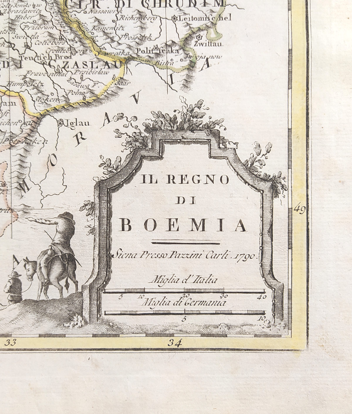 Čechy – Vincenzo Pazzini Carli, staře kolorovaný původní mědiryt, 1790