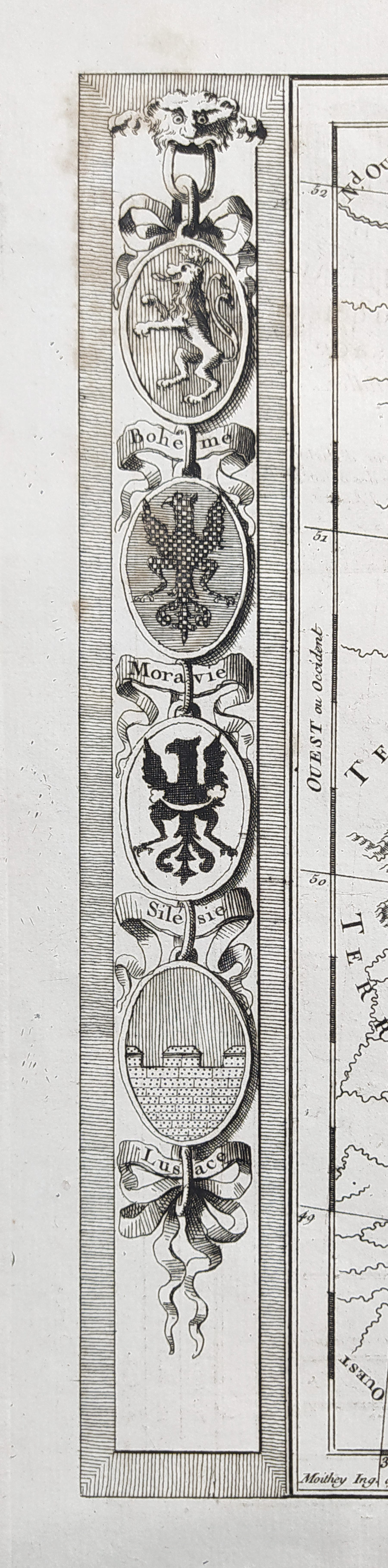 Čechy, Morava, Slezsko a Lužice – Maurille Antoine Moithey, staře kolorovaný původní mědiryt, 1787