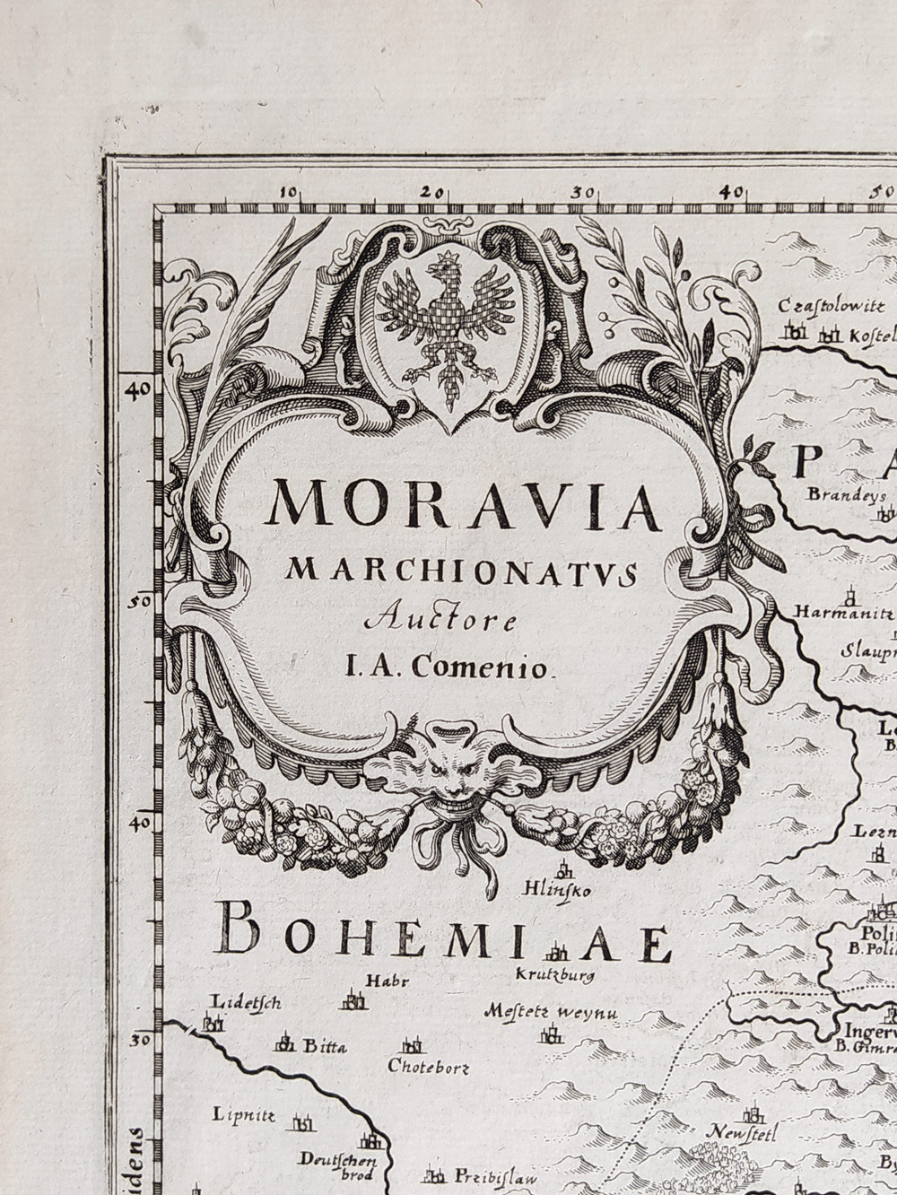 Morava – Komenského mapa Moravy, Matthäus Merian, původní mědiryt, 1640