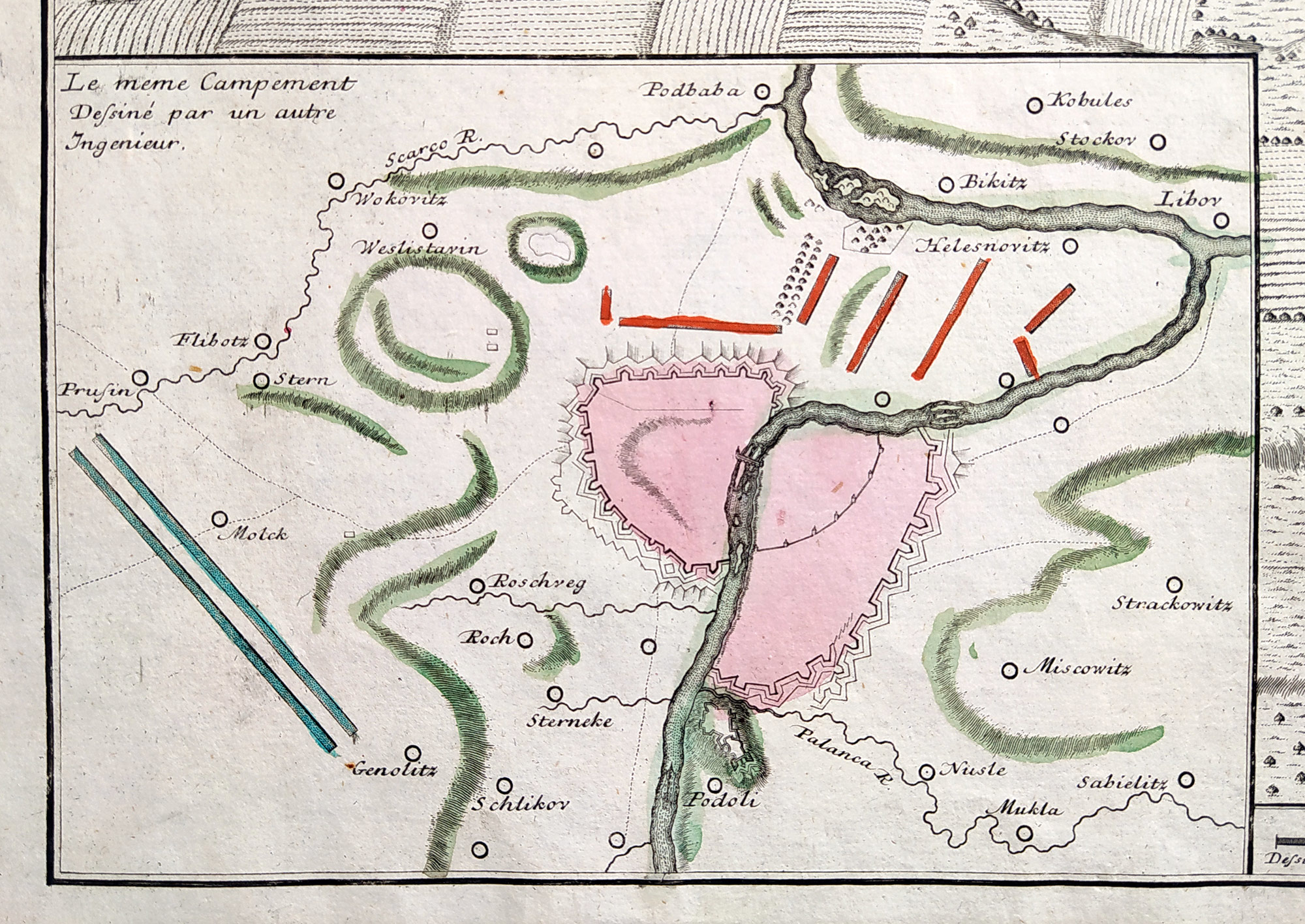 Praha – plán opevnění města, Homannovi dědicové, staře kolorovaný původní mědiryt, 1743