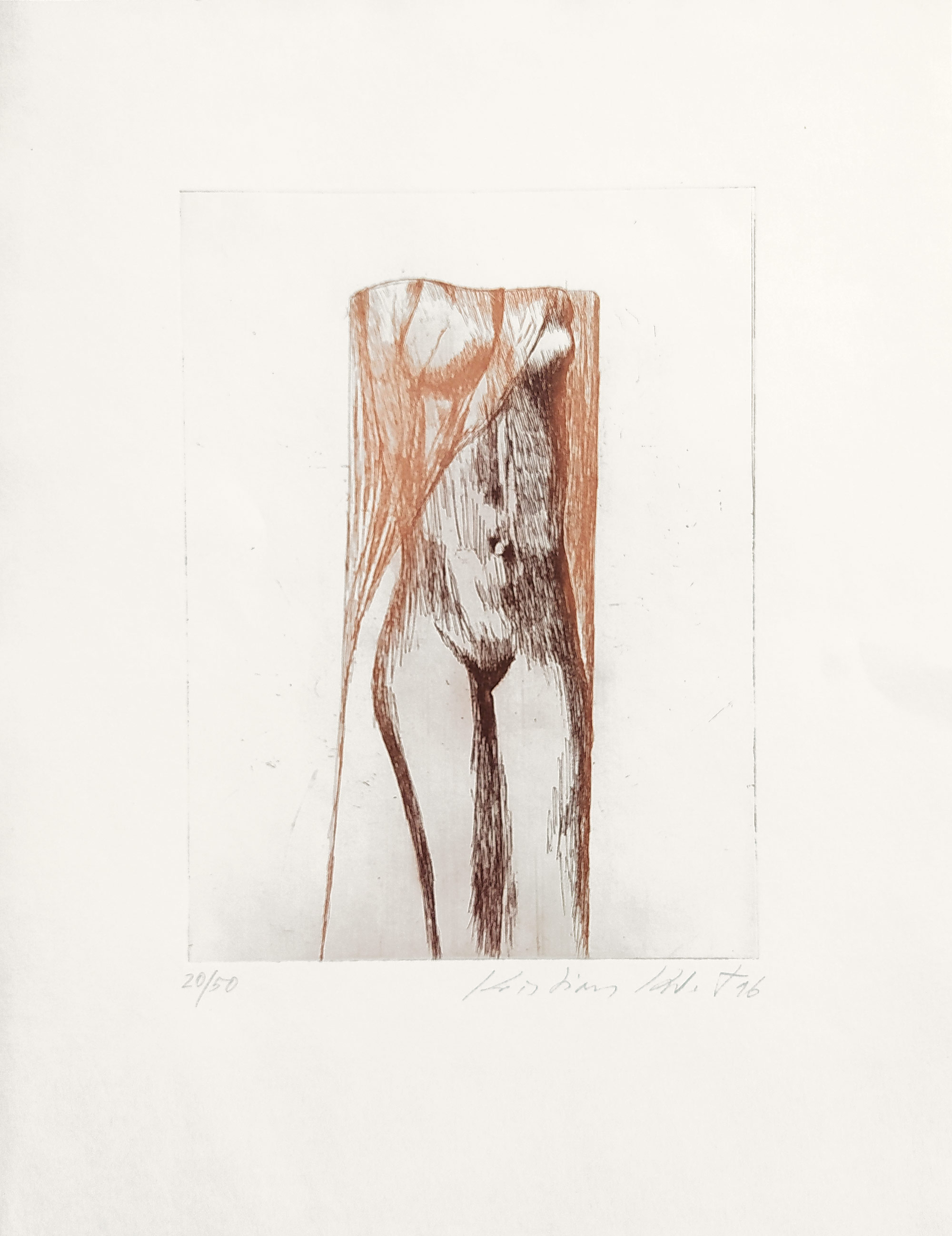 Kodet Kristian – Stojící dívčí akt, lept a suchá jehla, číslováno 20/50, 2016