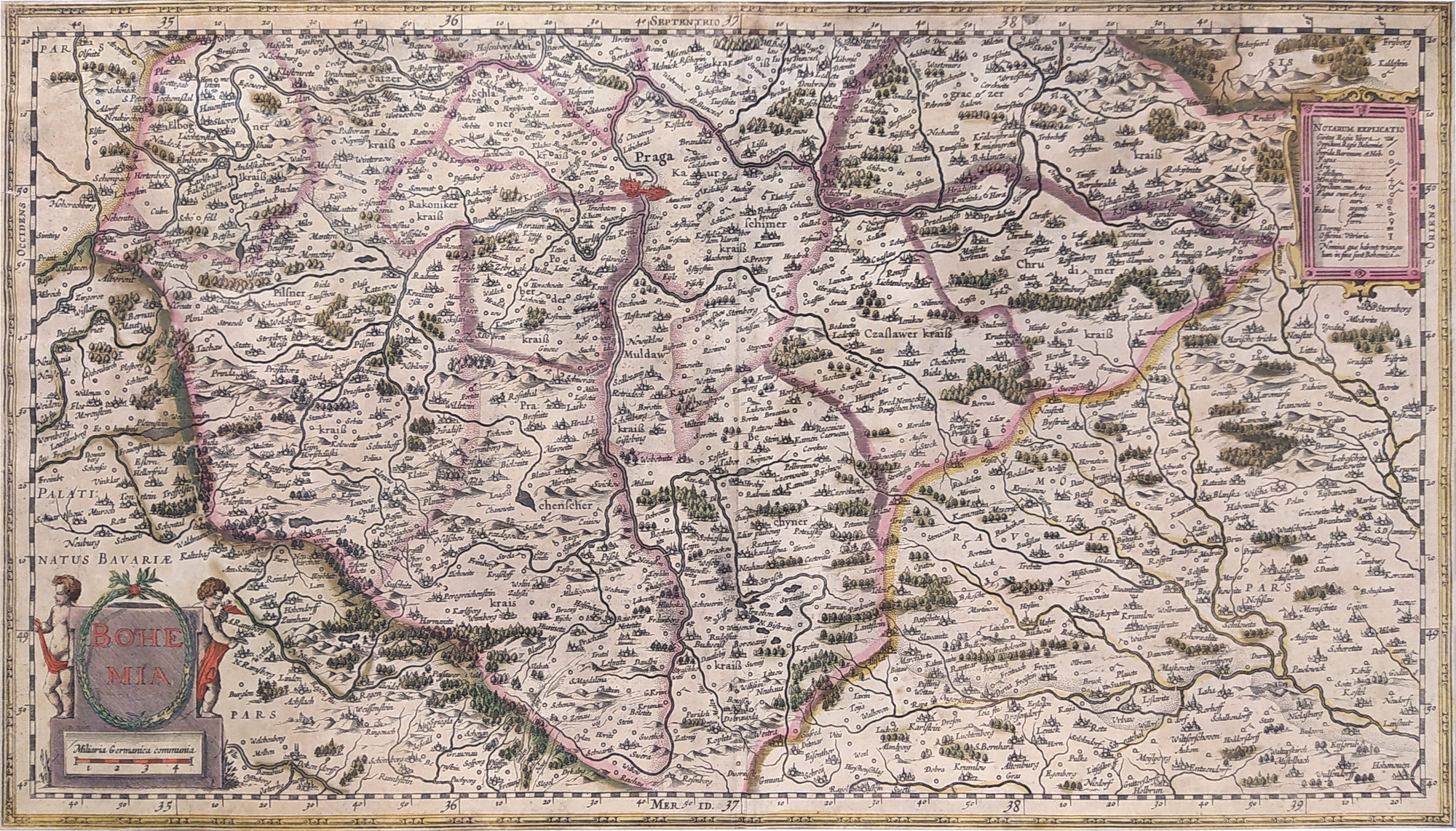  Čechy – Bohemia, W. J. Blaeu, raritně staře upravená mapa, staře kolorovaný původní mědiryt, 1630