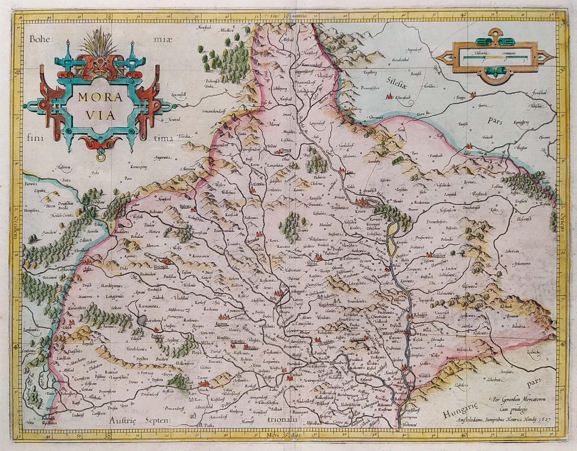 Morava – Moravia, Gerard Mercator, Henric Hondius, staře kolorovaný původní mědiryt, 1627